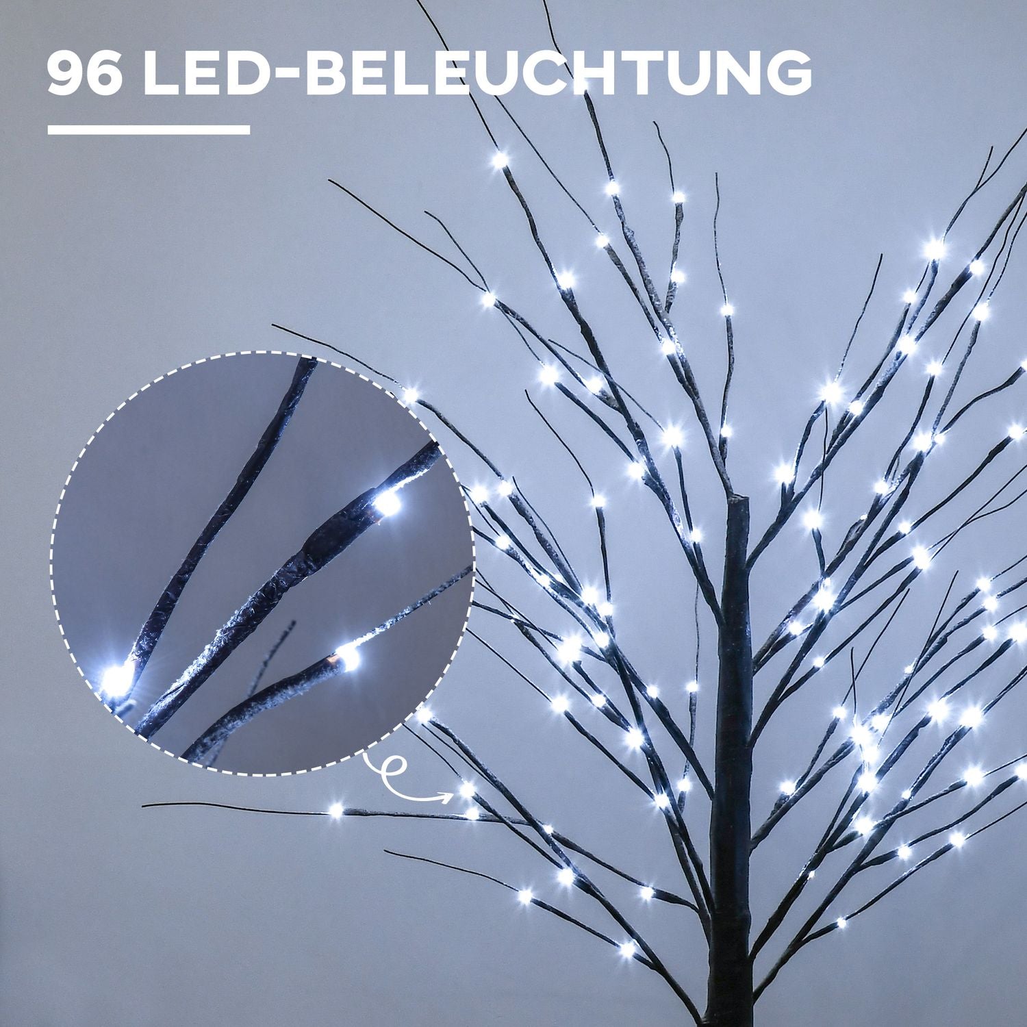 Kunstmatige berk, 150 cm – LED-verlichting & sneeuw