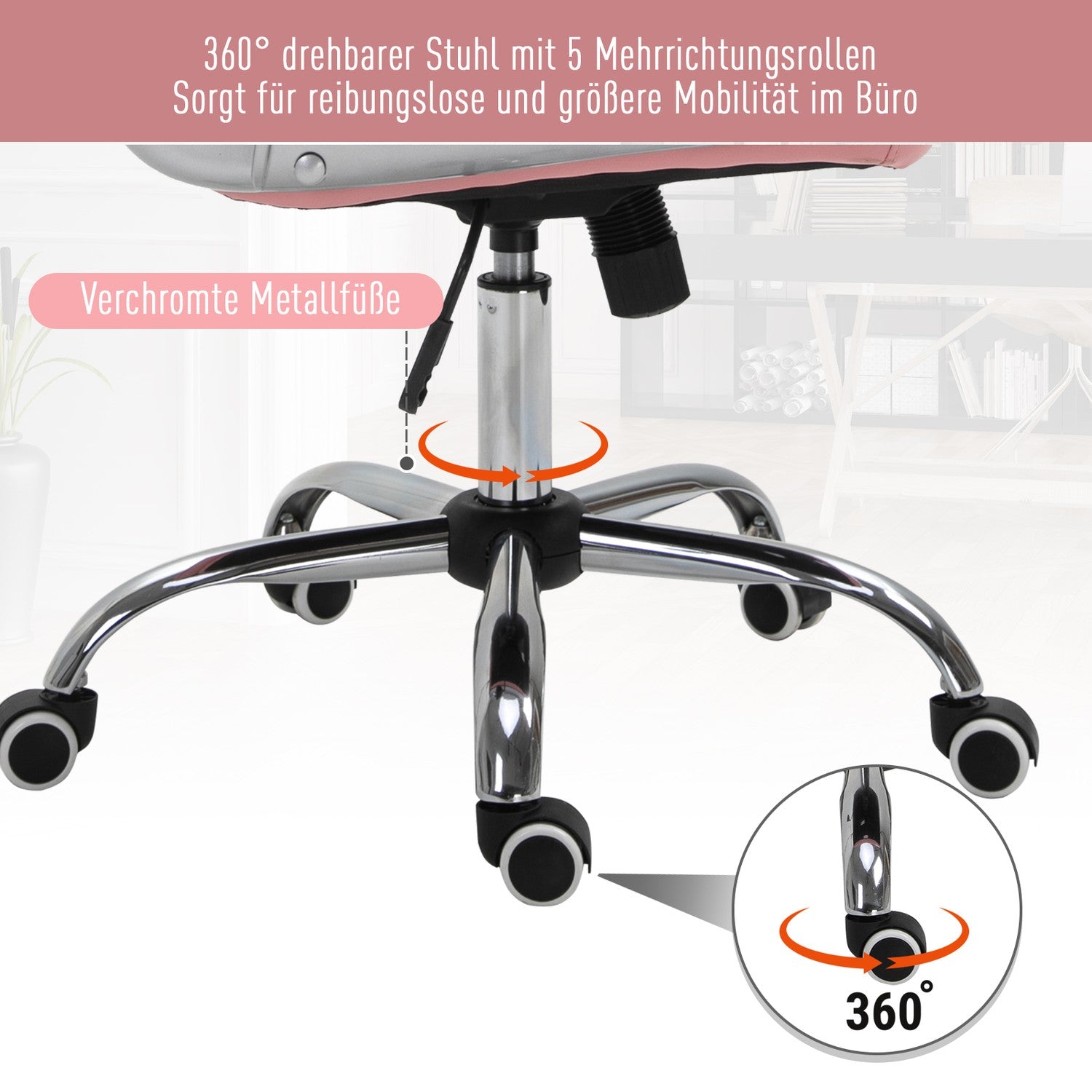 Ergonomisk kontorsstol, rosa PU, vadderat ryggstöd, justerbart
