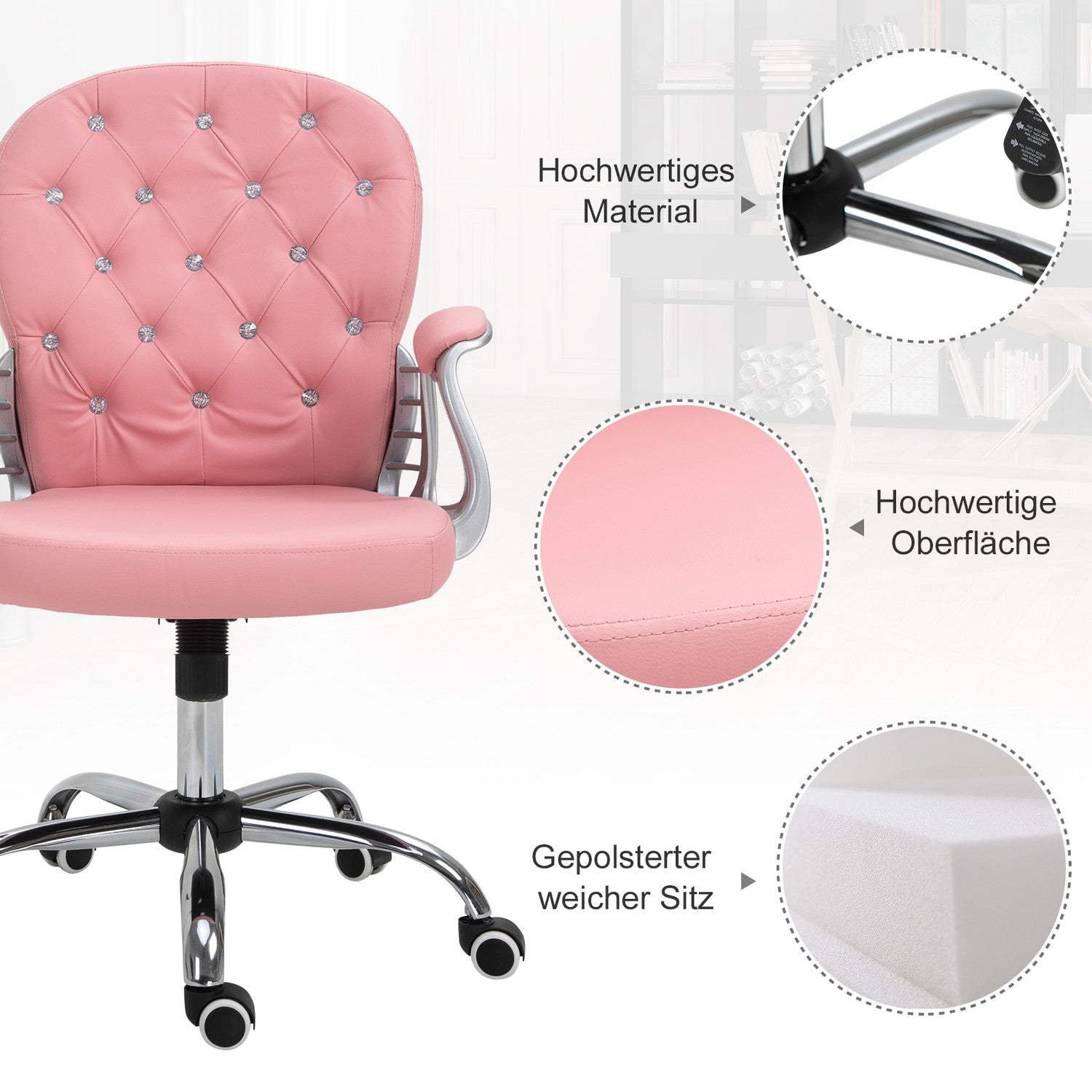 Ergonomisk kontorsstol, rosa PU, vadderat ryggstöd, justerbart