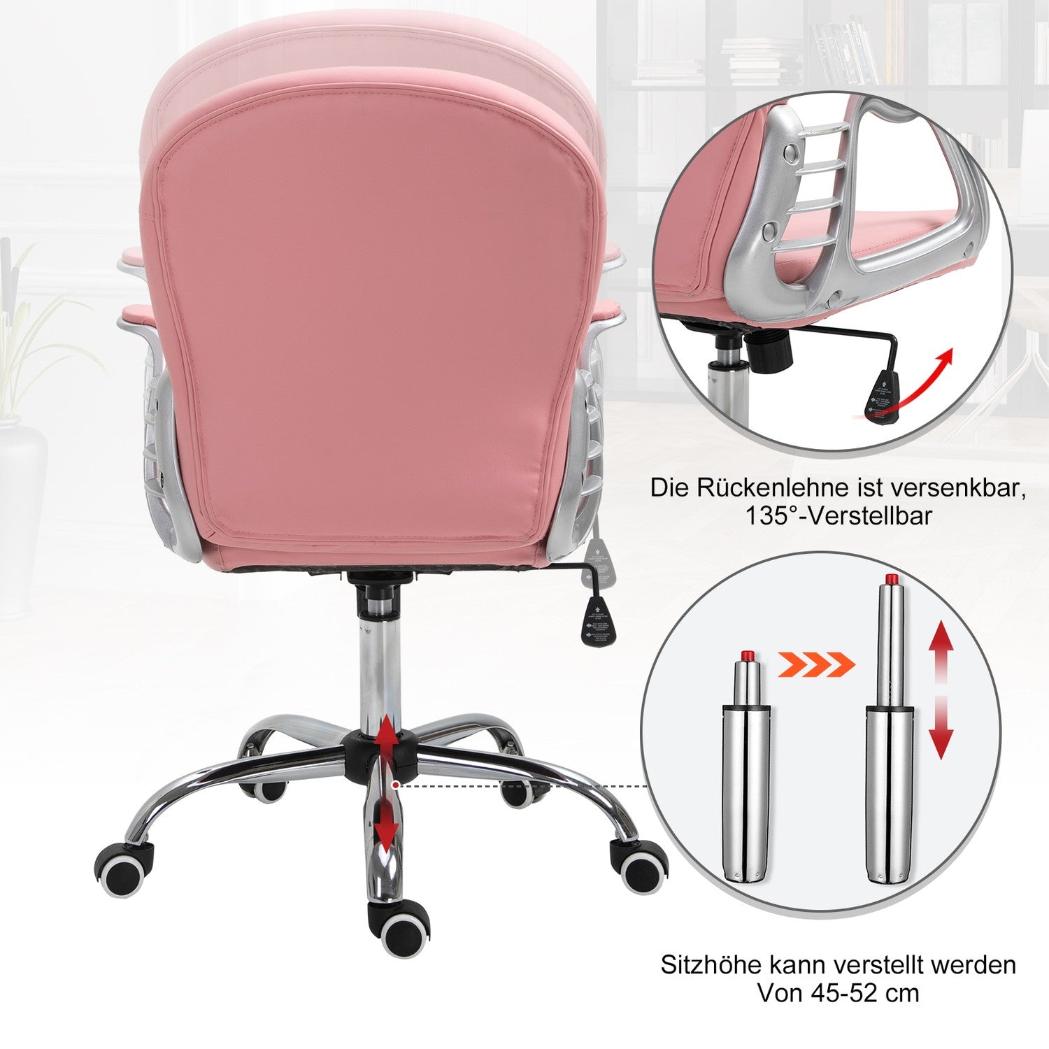 Ergonomisk kontorsstol, rosa PU, vadderat ryggstöd, justerbart