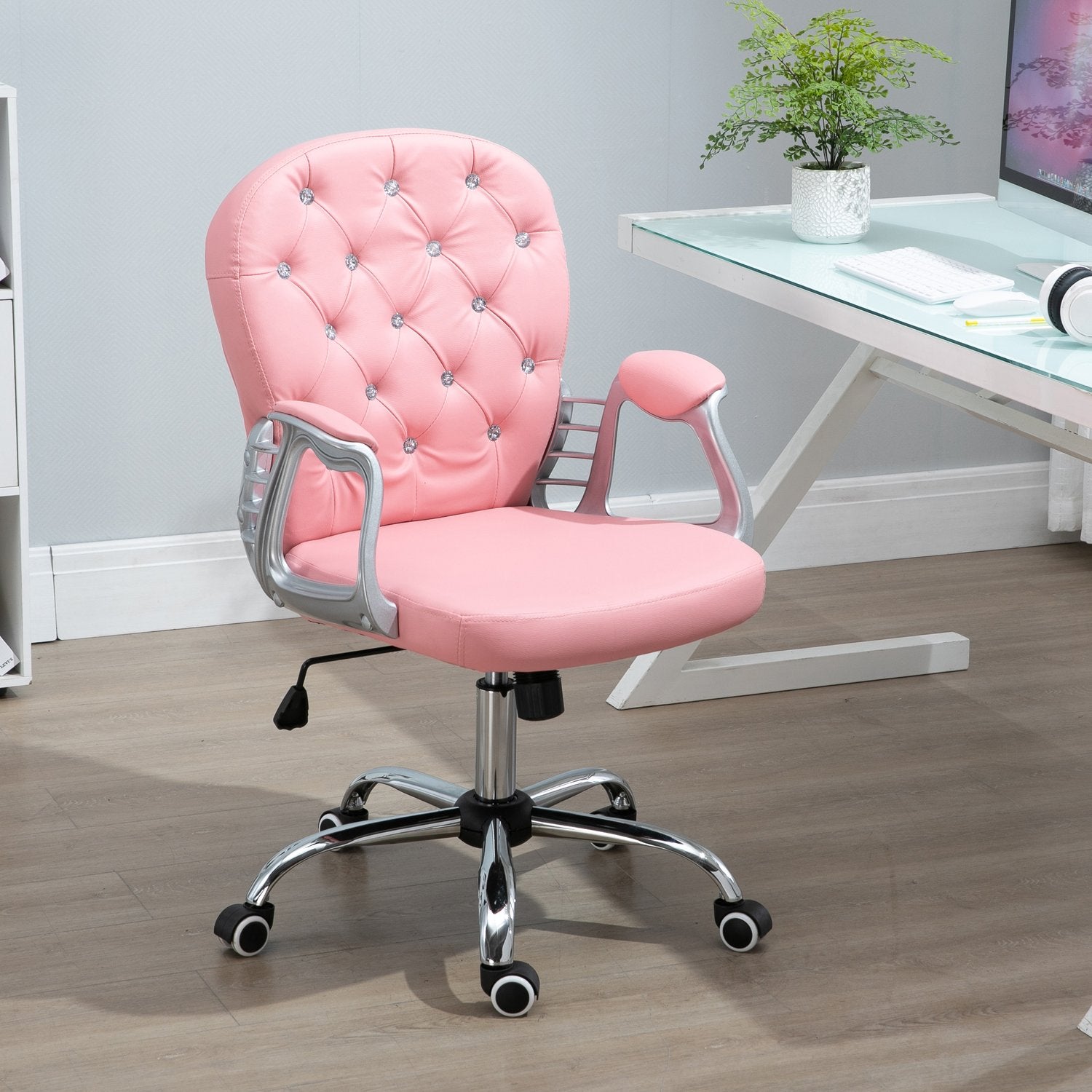 Ergonomisk kontorsstol, rosa PU, vadderat ryggstöd, justerbart