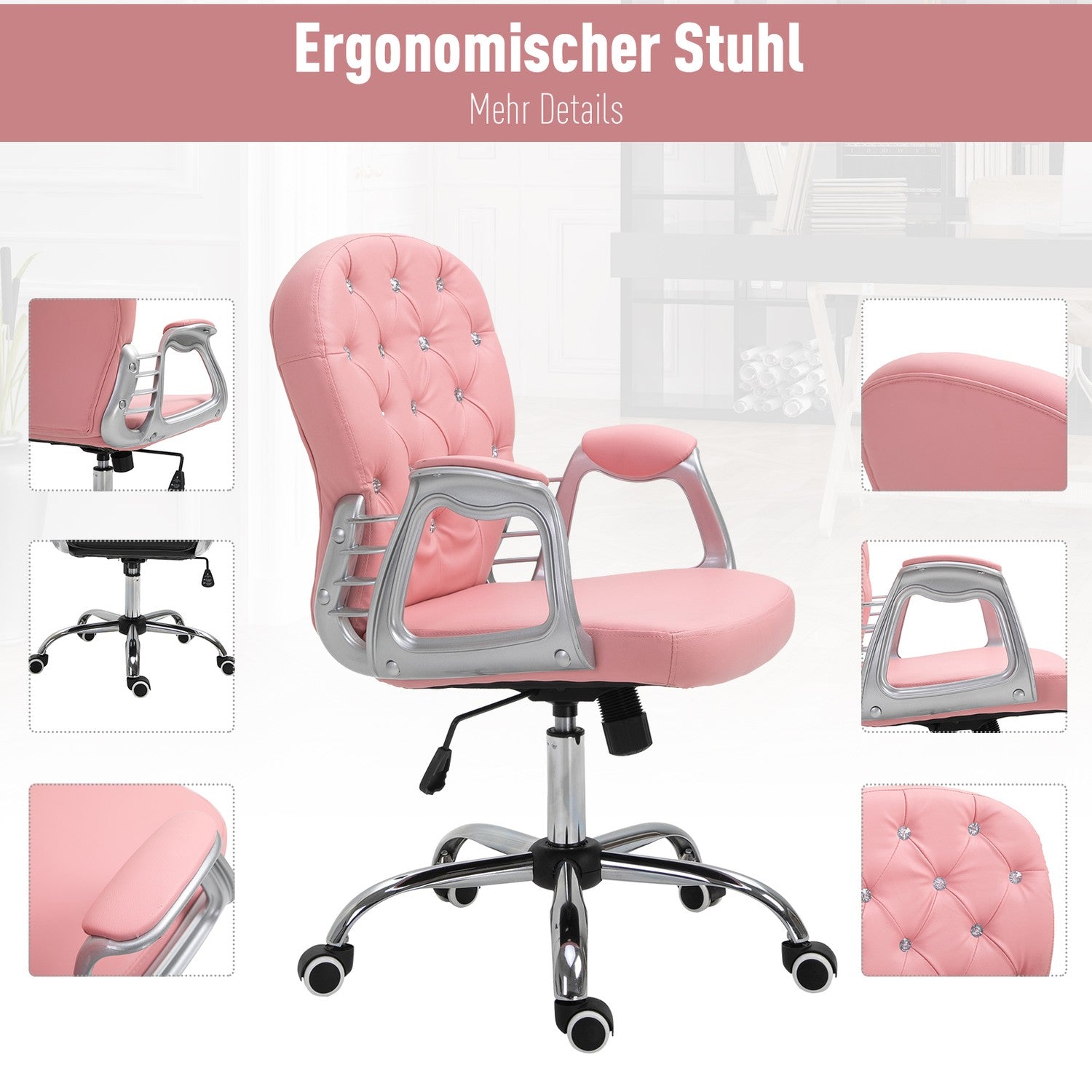 Ergonomisk kontorsstol, rosa PU, vadderat ryggstöd, justerbart