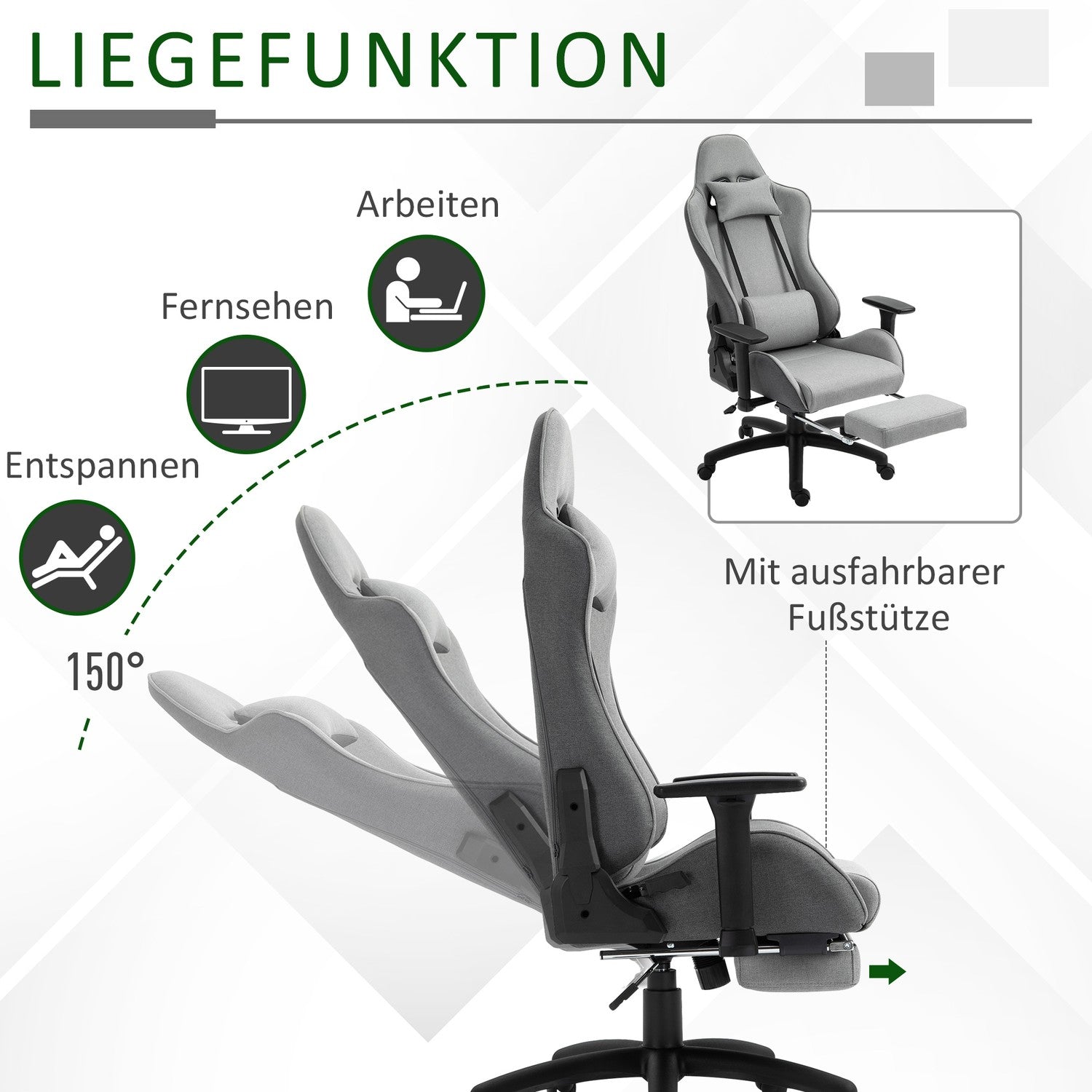 Ergonomisk grå kontorsstol med huvud- och ländkuddar