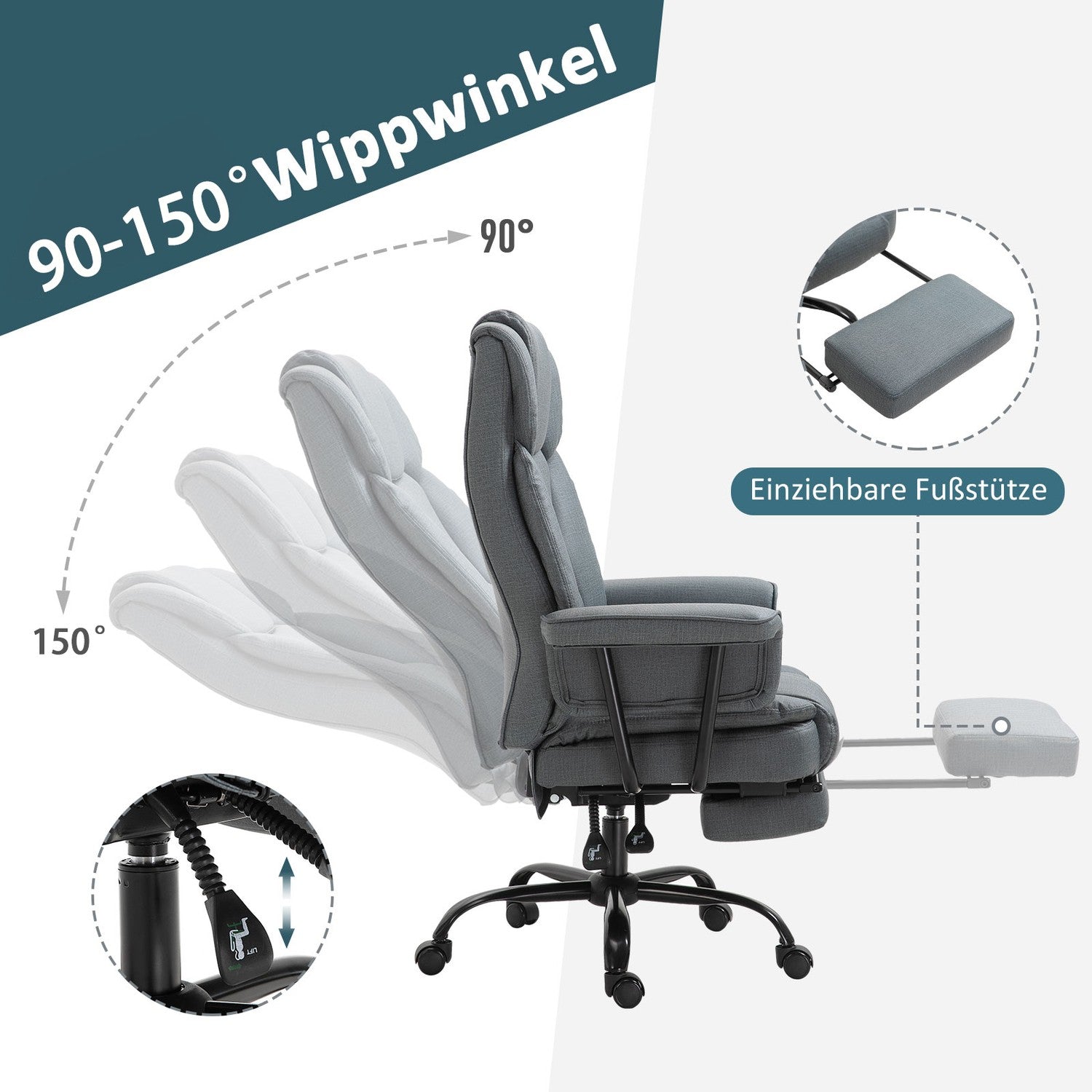 Ergonomisk kontorsstol, justerbar med nackstöd och fotstöd