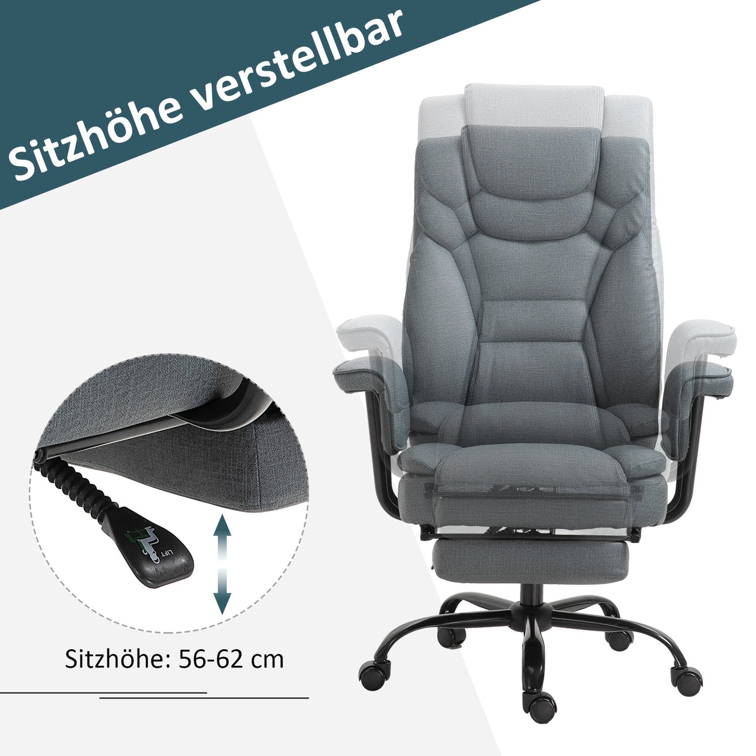 Ergonomisk kontorsstol, justerbar med nackstöd och fotstöd