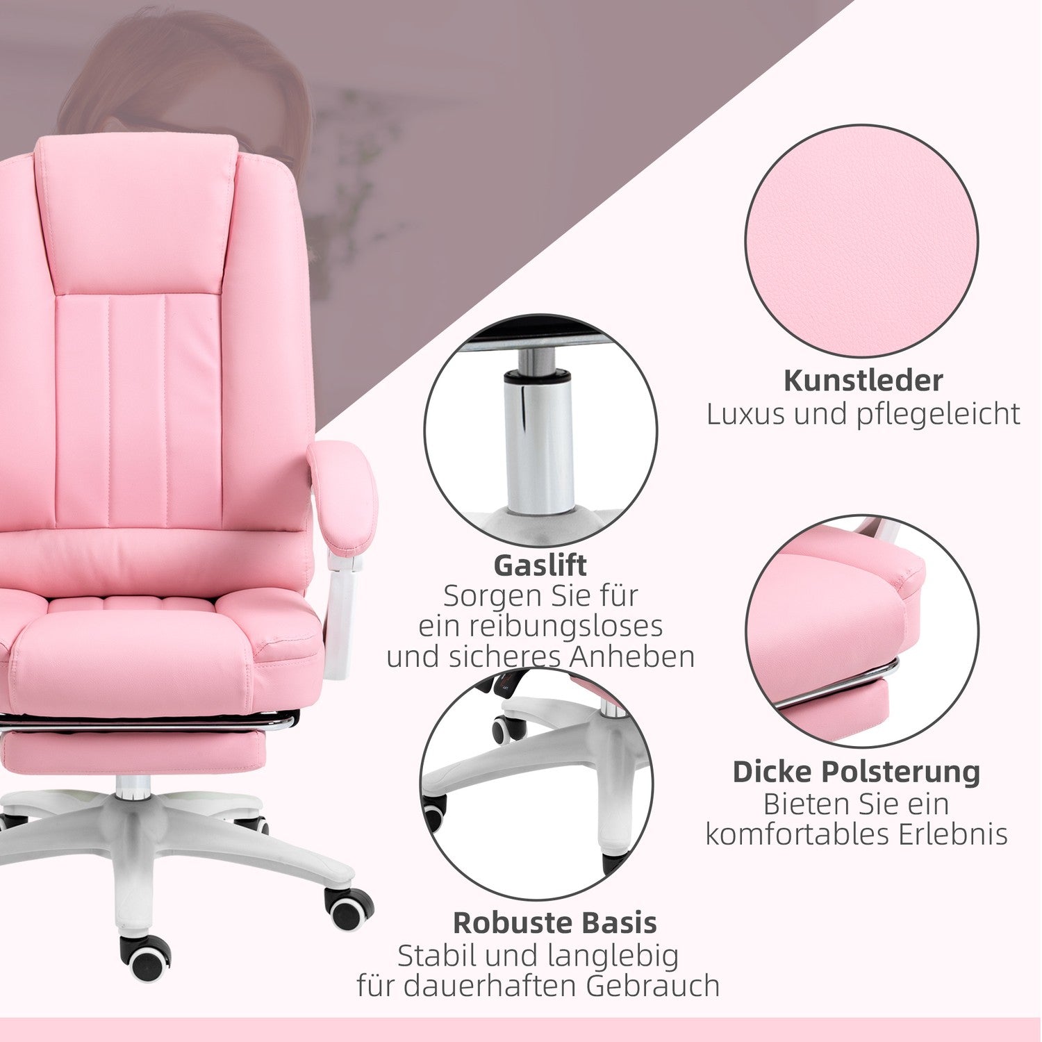 Rosa kontorsstol i konstläder – lutande, justerbar höjd