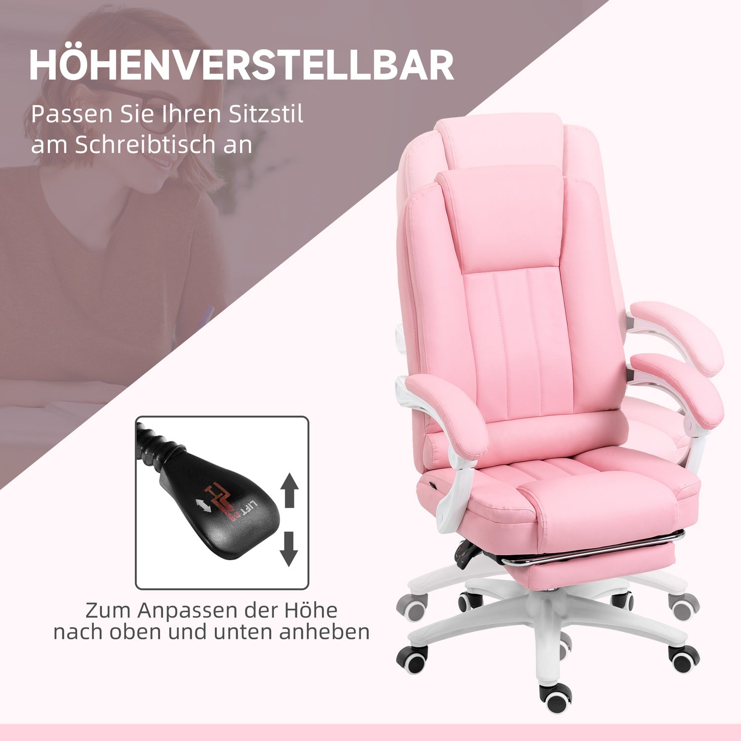Rosa kontorsstol i konstläder – lutande, justerbar höjd