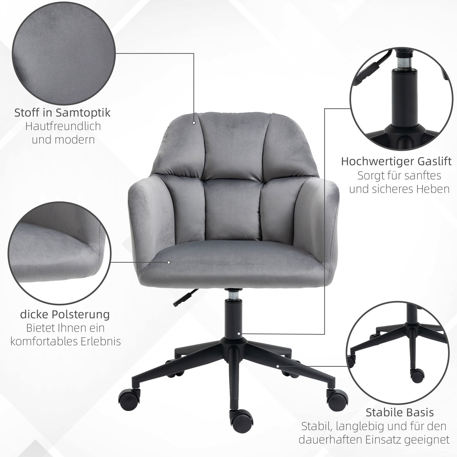 Ergonomisk kontorsstol i sammet, höjdjusterbar, grå