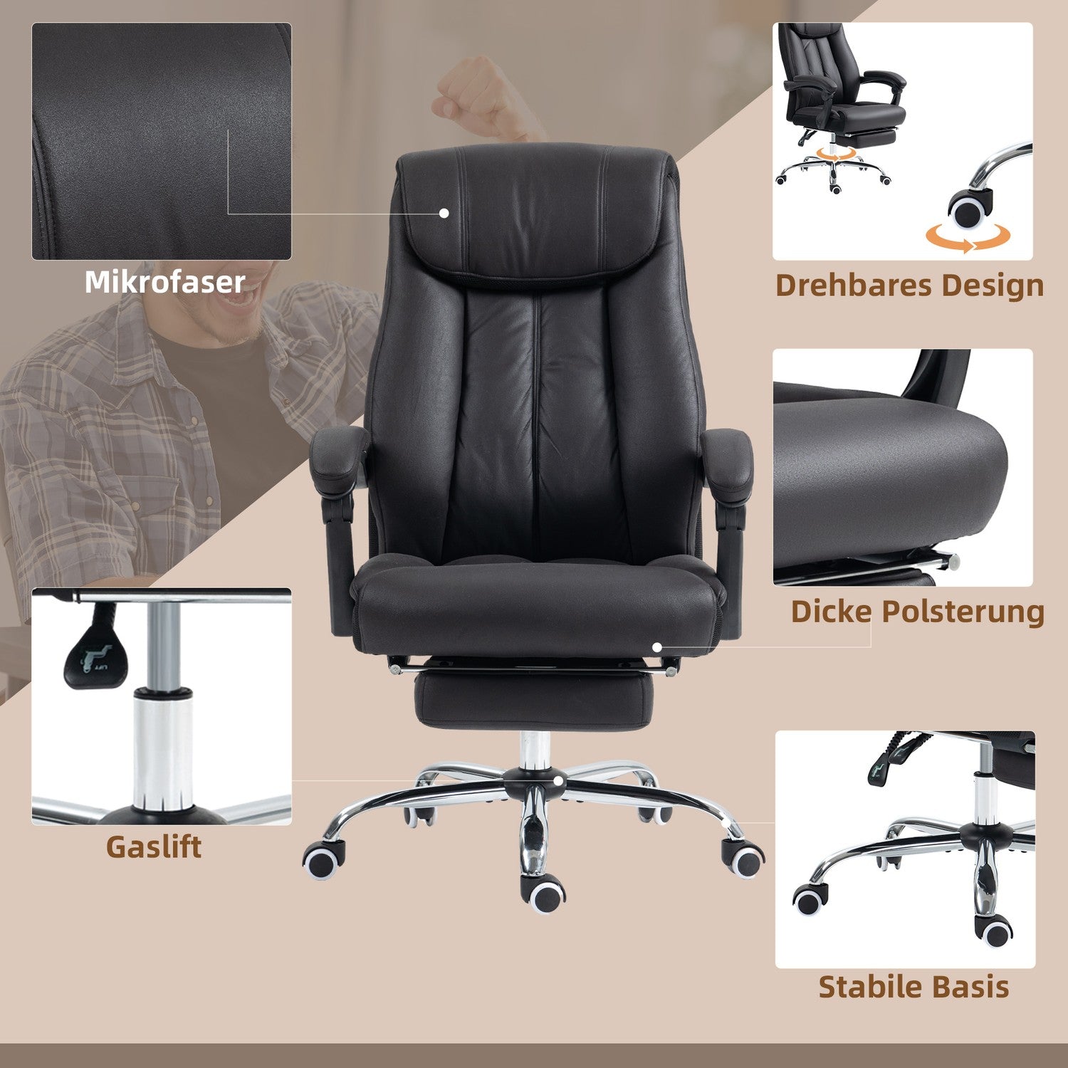 Executive Office Stol, justerbar höjd, svart mikrofiber