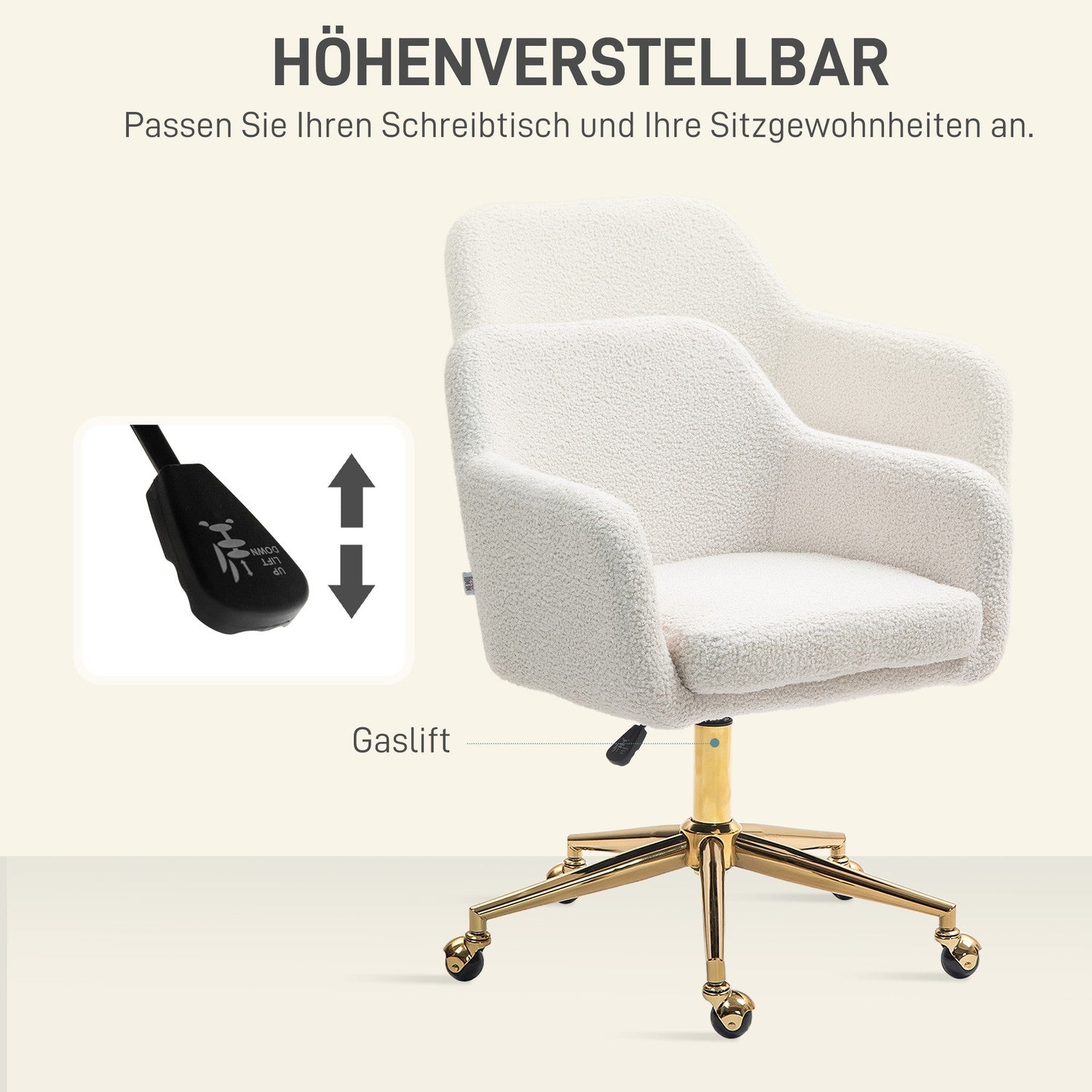 Höjdjusterbar kontorsstol i sammet, vridbar, krämvit