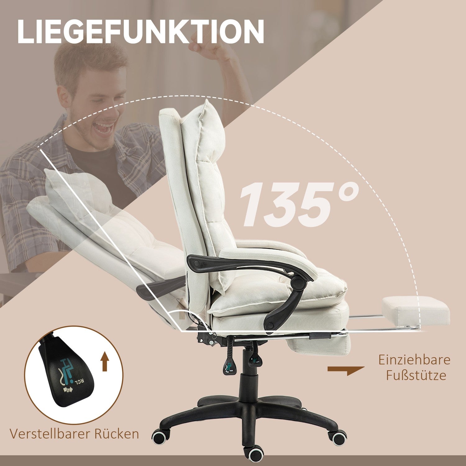 Ergonomisk kontorsstol, Massage & Recline, Creme White
