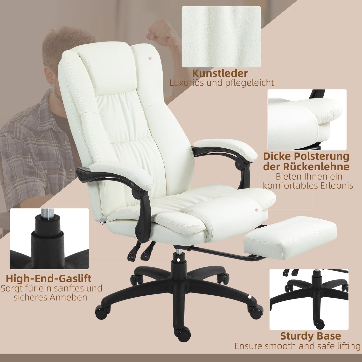 Ergonomisk krämig kontorsstol med massage & fotstöd