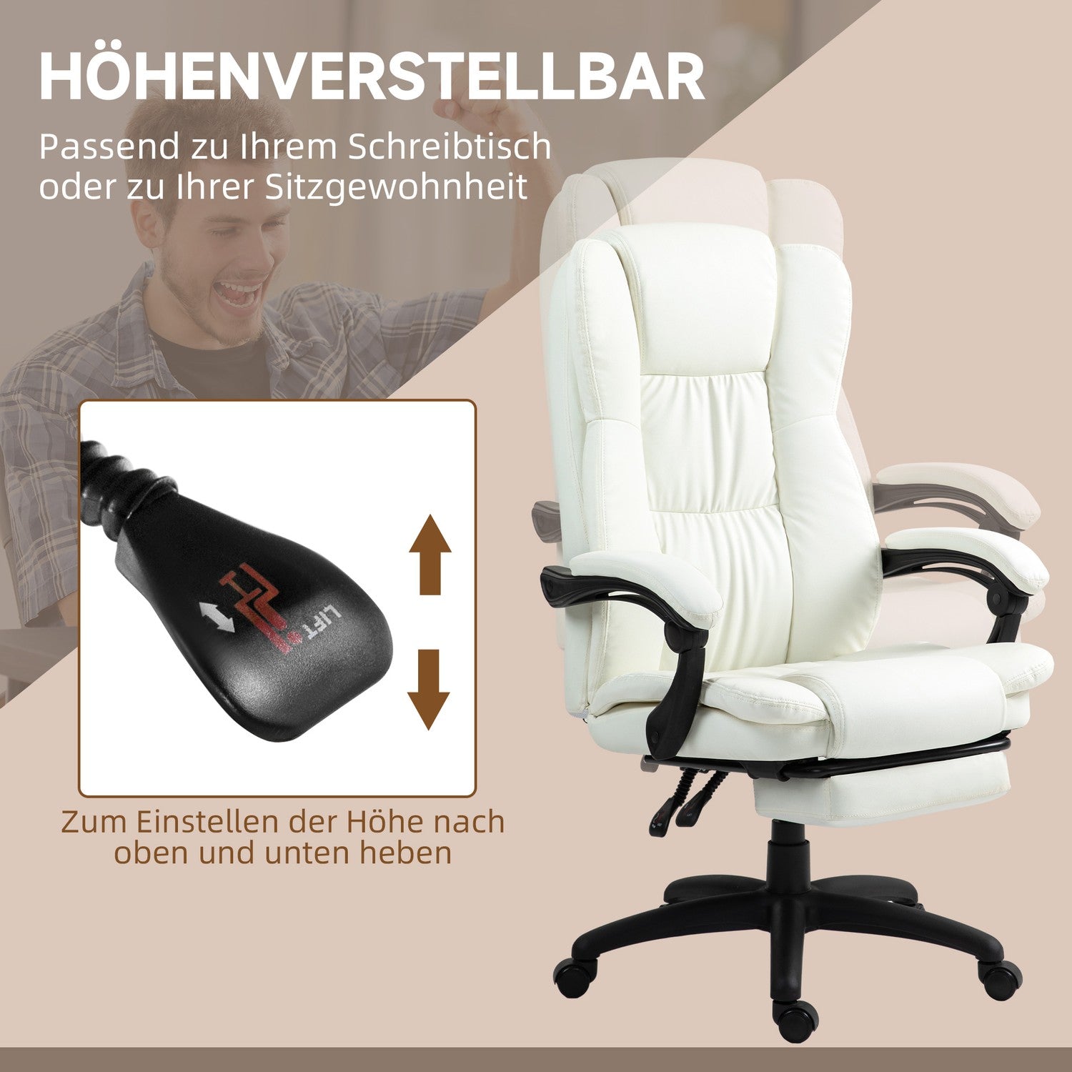 Ergonomisk krämig kontorsstol med massage & fotstöd