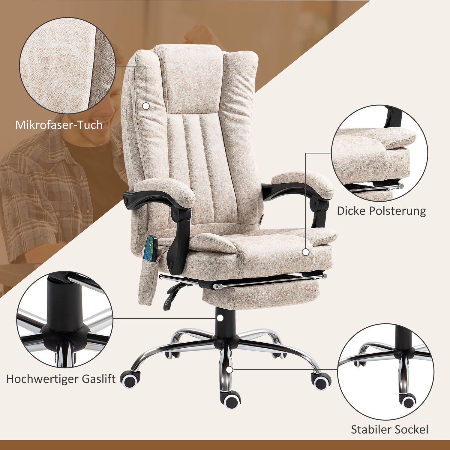 Ergonomisk Massage Kontorsstol, Liggande & Uppvärmd, Krämvit