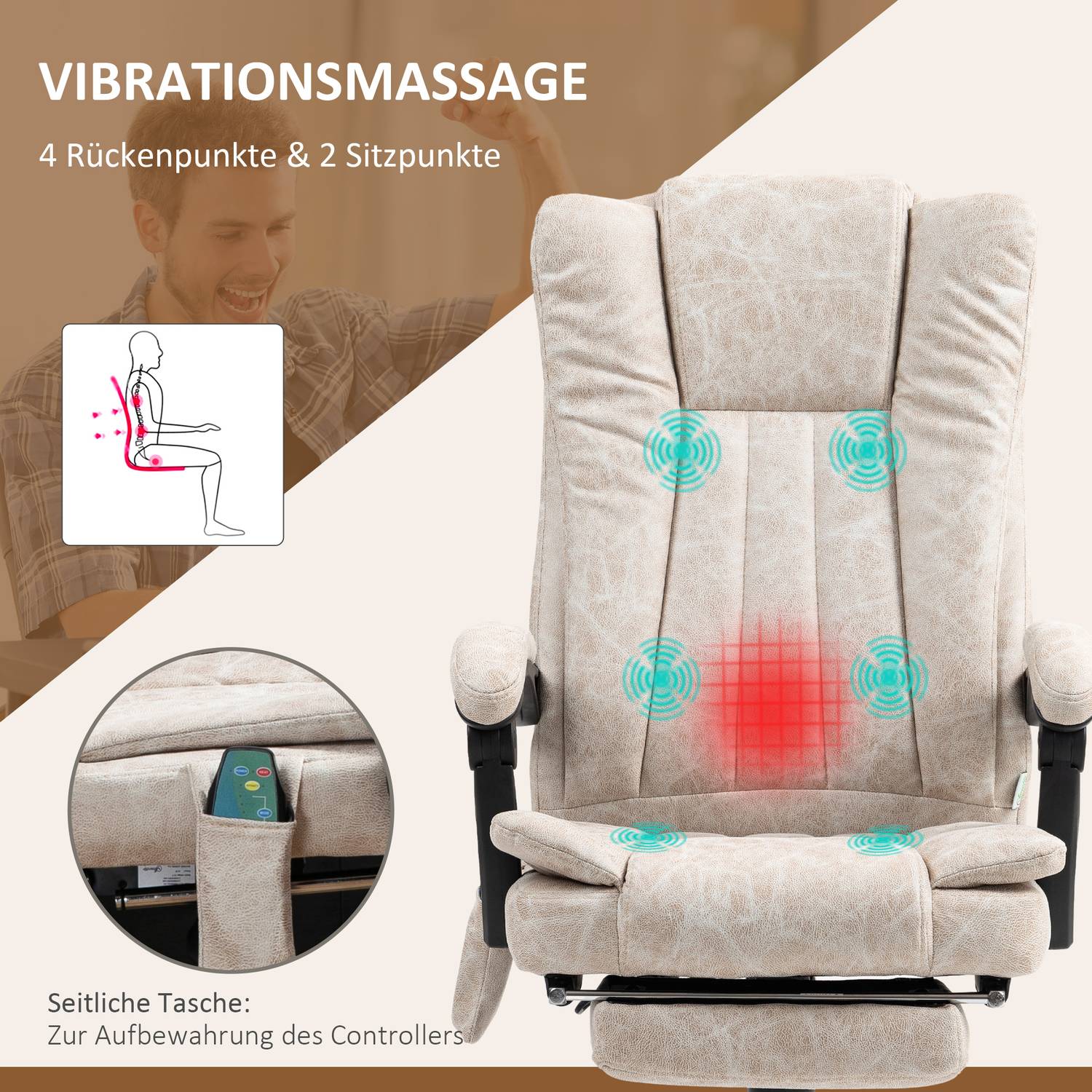 Ergonomisk Massage Kontorsstol, Liggande & Uppvärmd, Krämvit