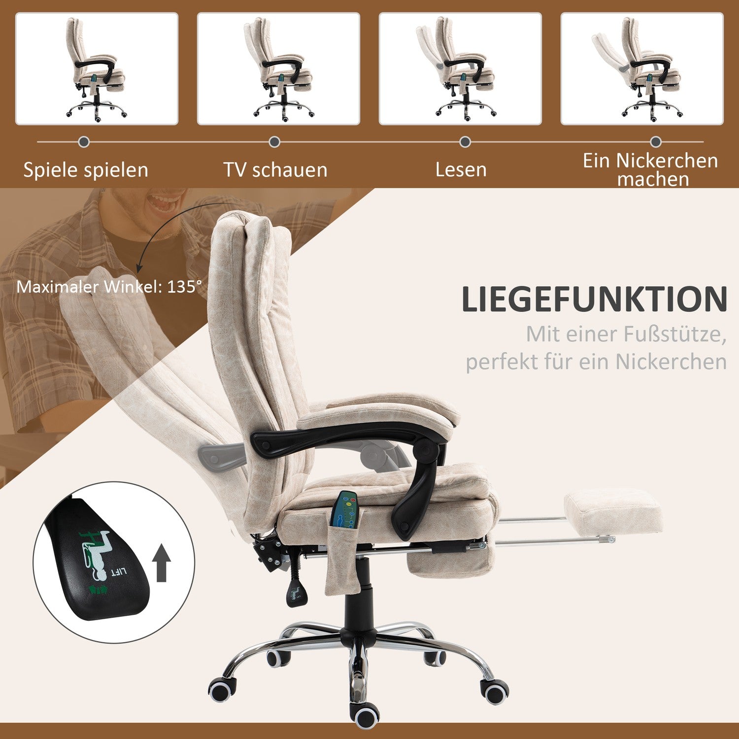Ergonomisk Massage Kontorsstol, Liggande & Uppvärmd, Krämvit