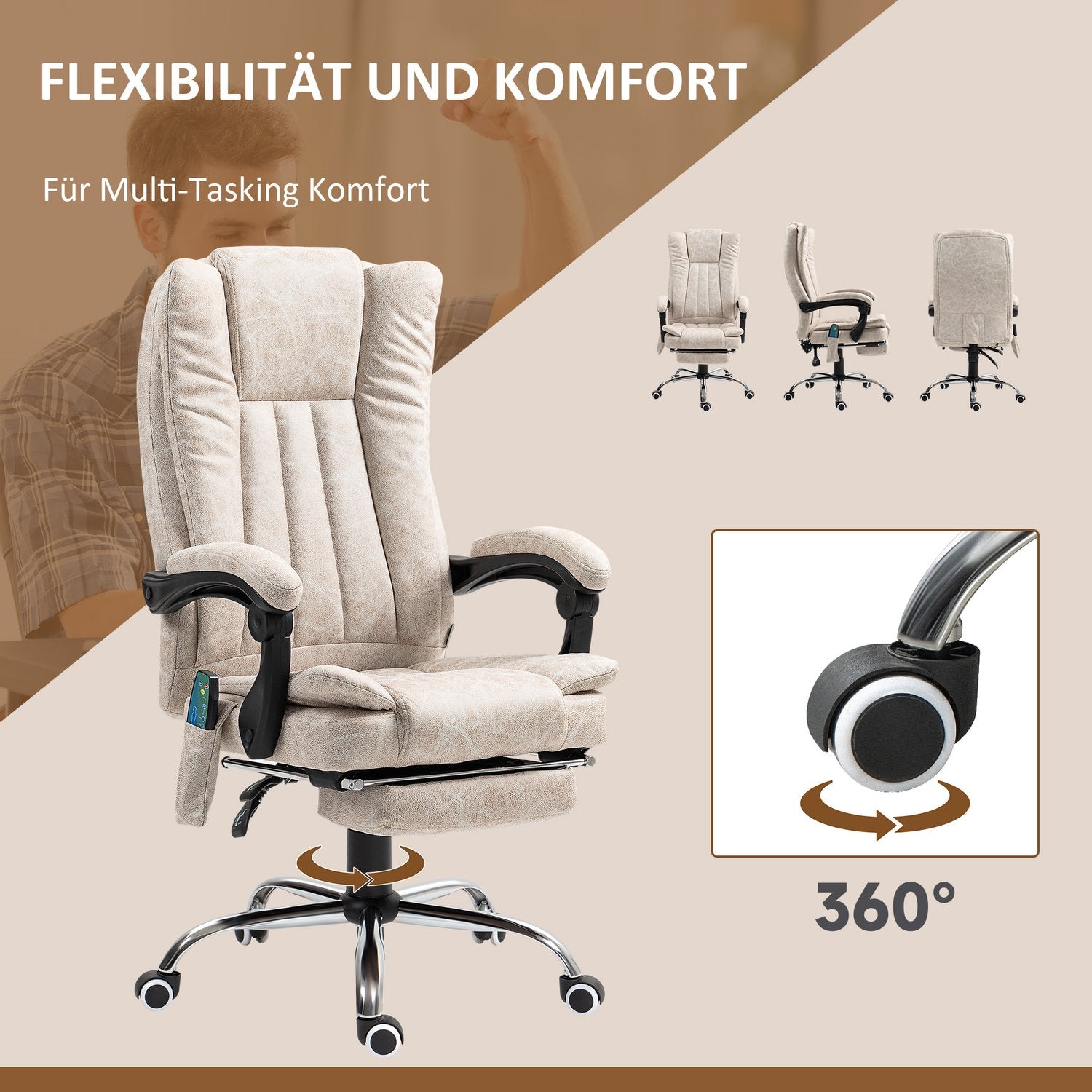Ergonomisk Massage Kontorsstol, Liggande & Uppvärmd, Krämvit