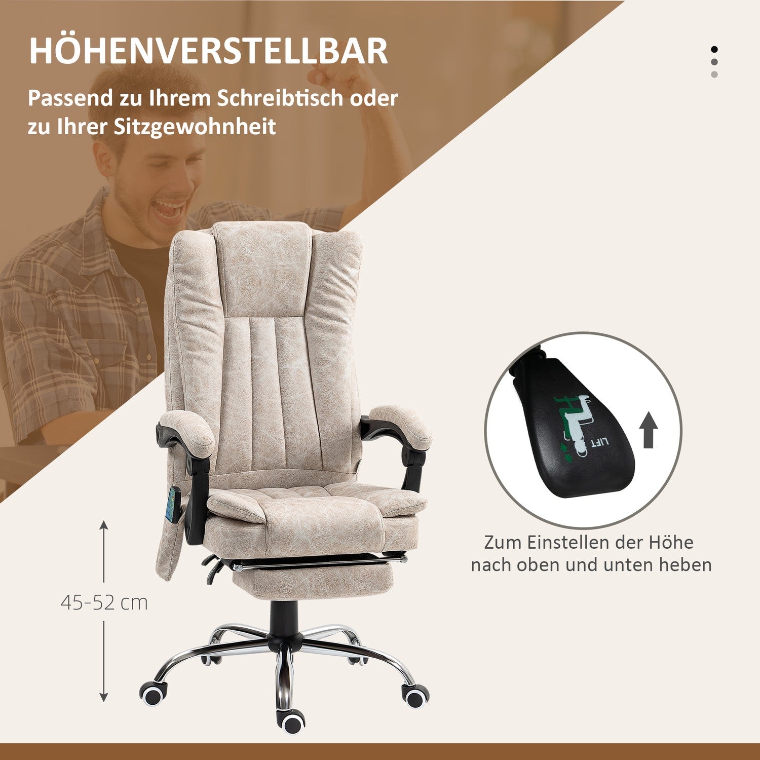 Ergonomisk Massage Kontorsstol, Liggande & Uppvärmd, Krämvit