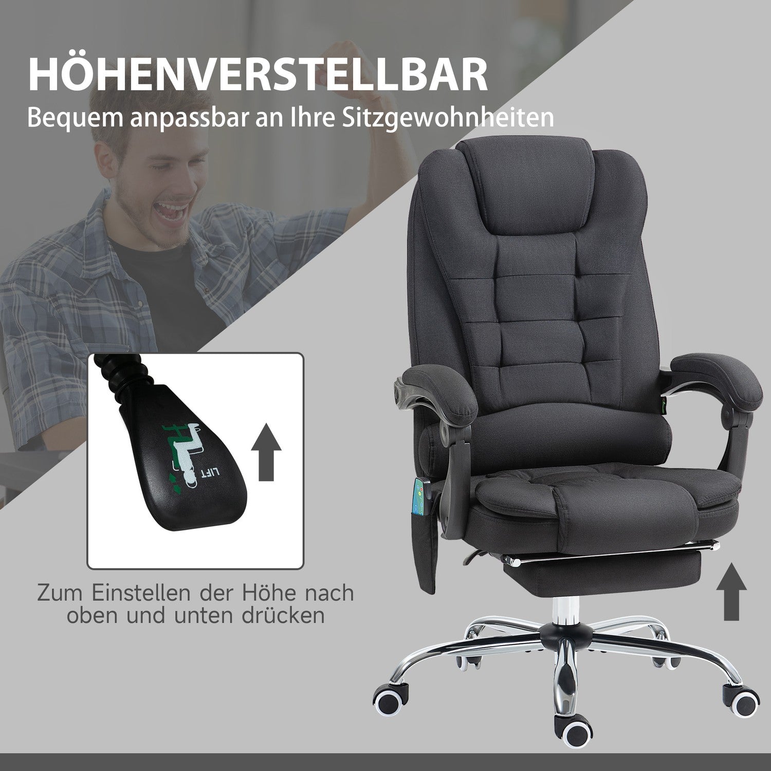 Ergonomisk massagekontorsstol, liggande med fotstöd, svart