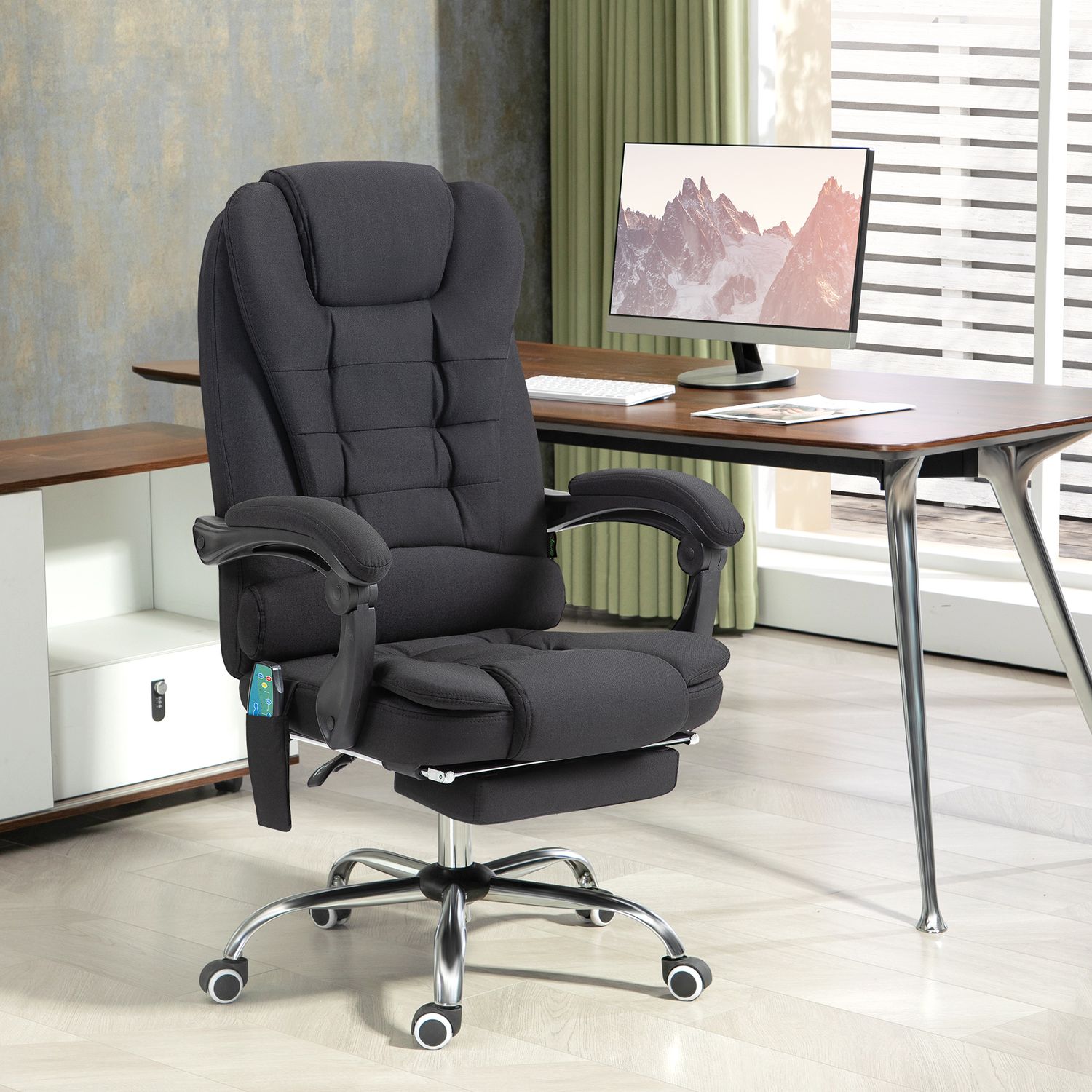Ergonomisk massagekontorsstol, liggande med fotstöd, svart