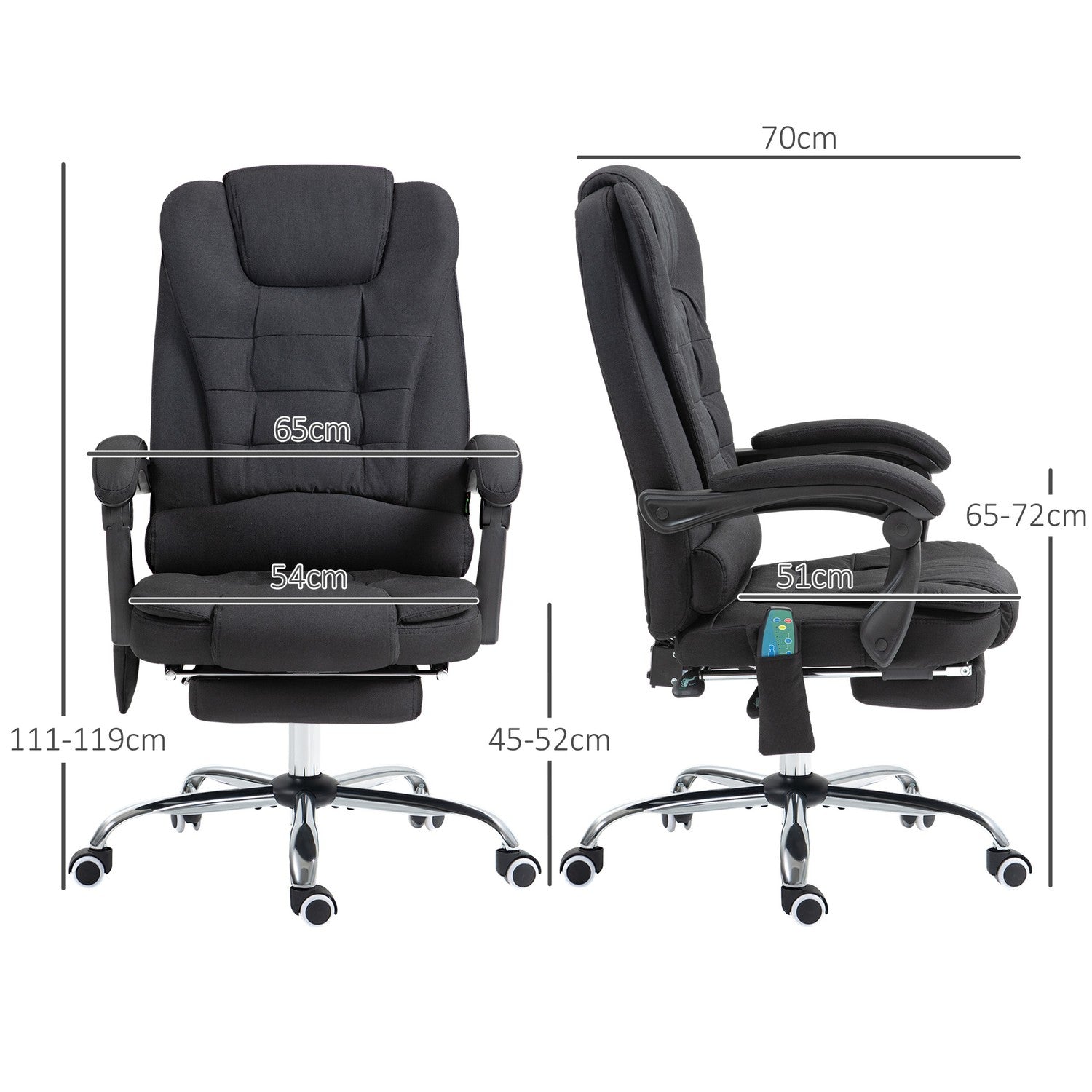 Ergonomisk massagekontorsstol, liggande med fotstöd, svart