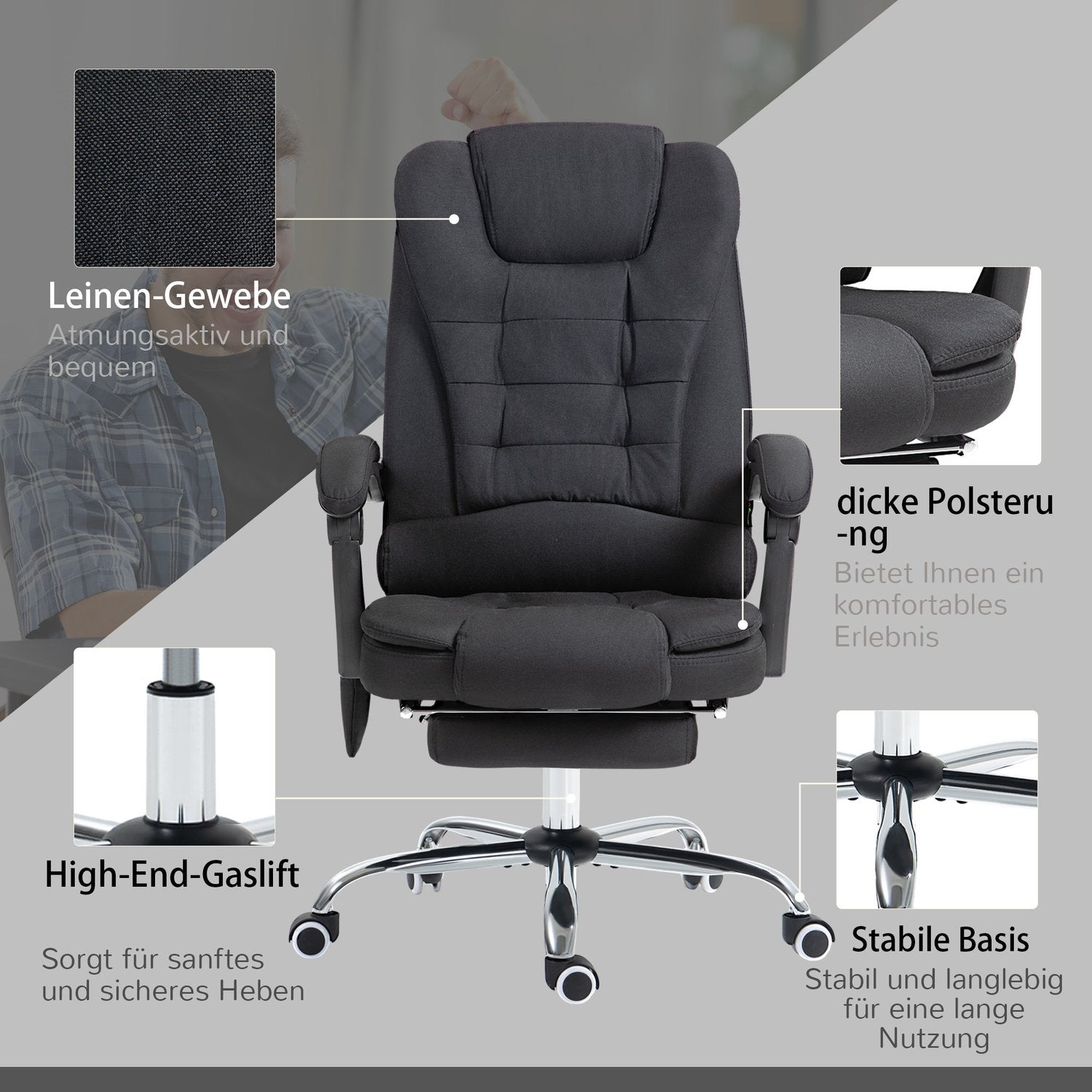 Ergonomisk massagekontorsstol, liggande med fotstöd, svart