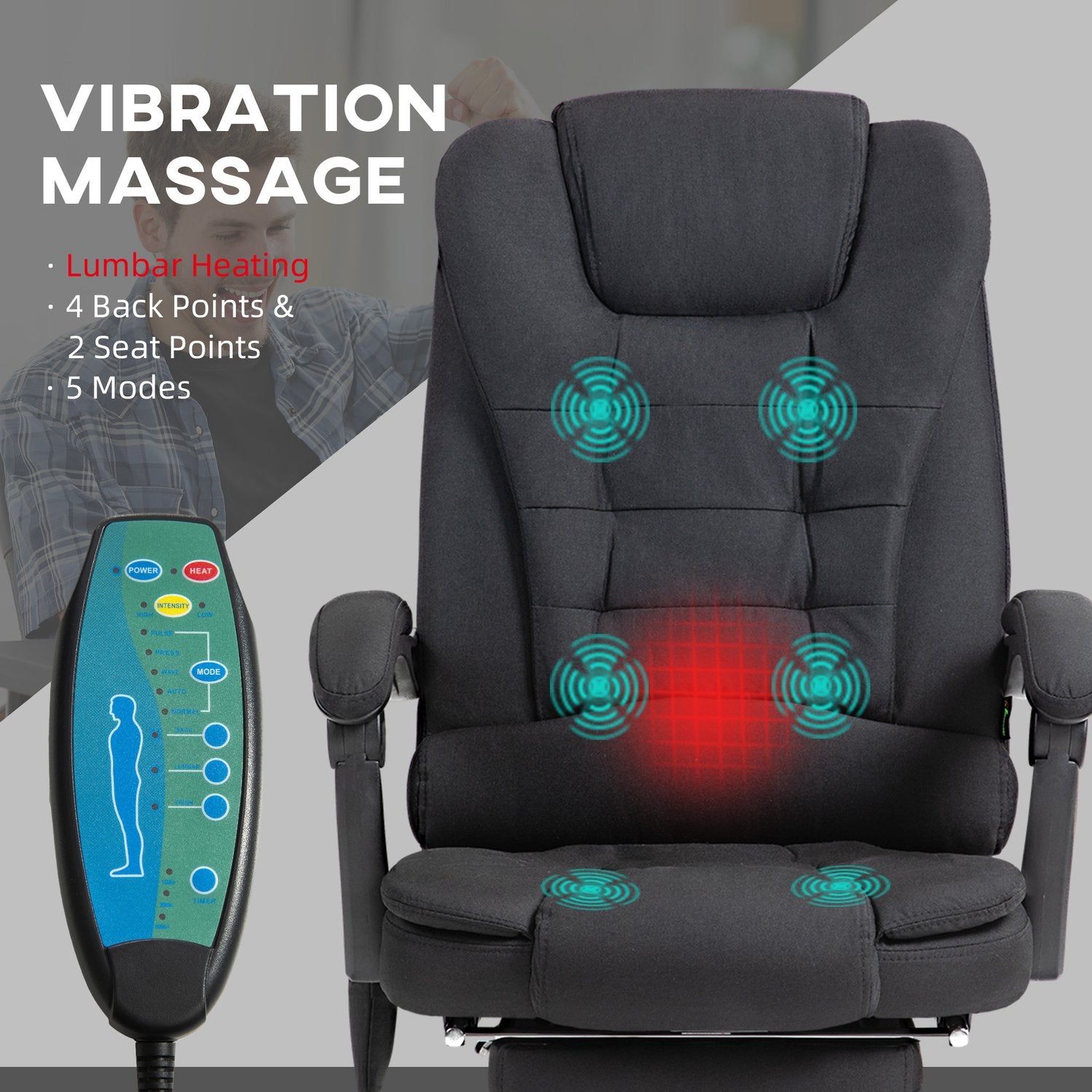 Ergonomisk massagekontorsstol, liggande med fotstöd, svart