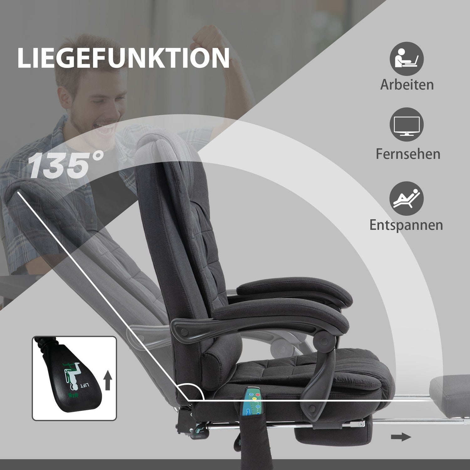 Ergonomisk massagekontorsstol, liggande med fotstöd, svart
