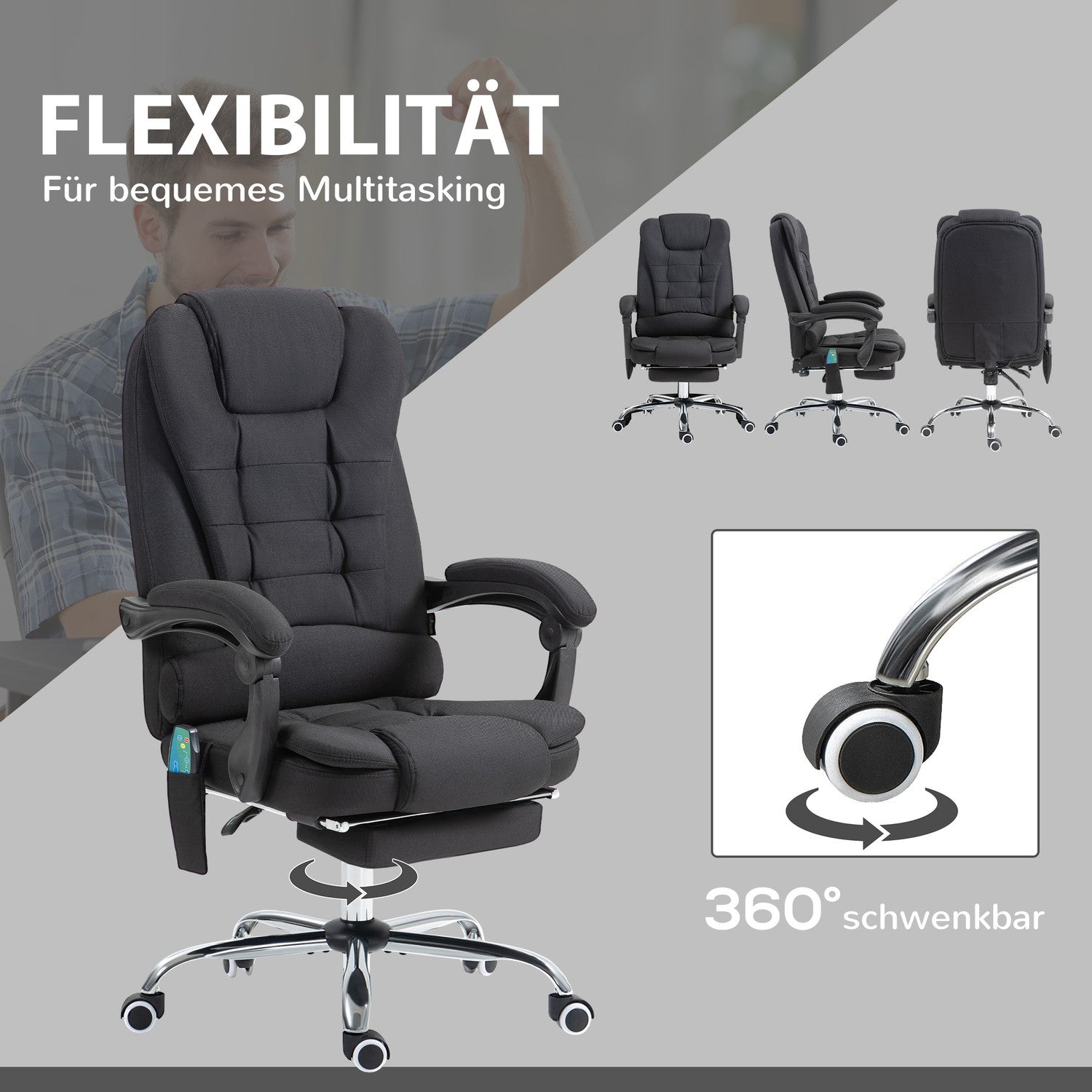 Ergonomisk massagekontorsstol, liggande med fotstöd, svart