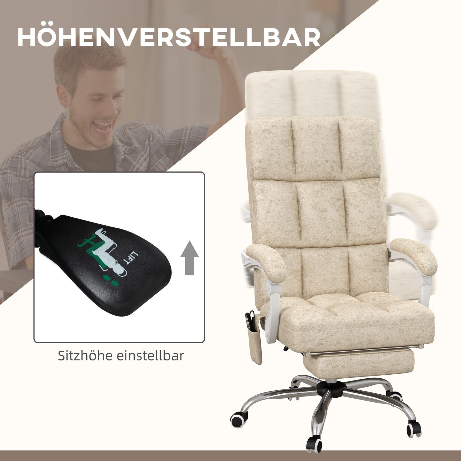 Ergonomisk kontorsstol med massage & värme, justerbar, beige