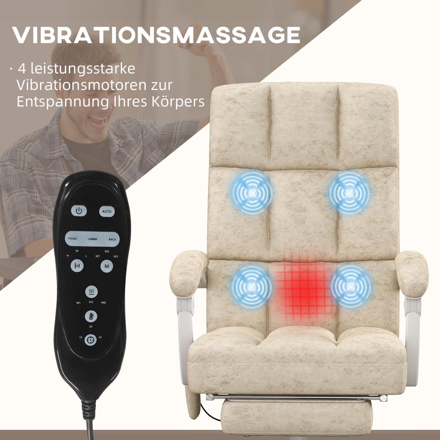 Ergonomisk kontorsstol med massage & värme, justerbar, beige