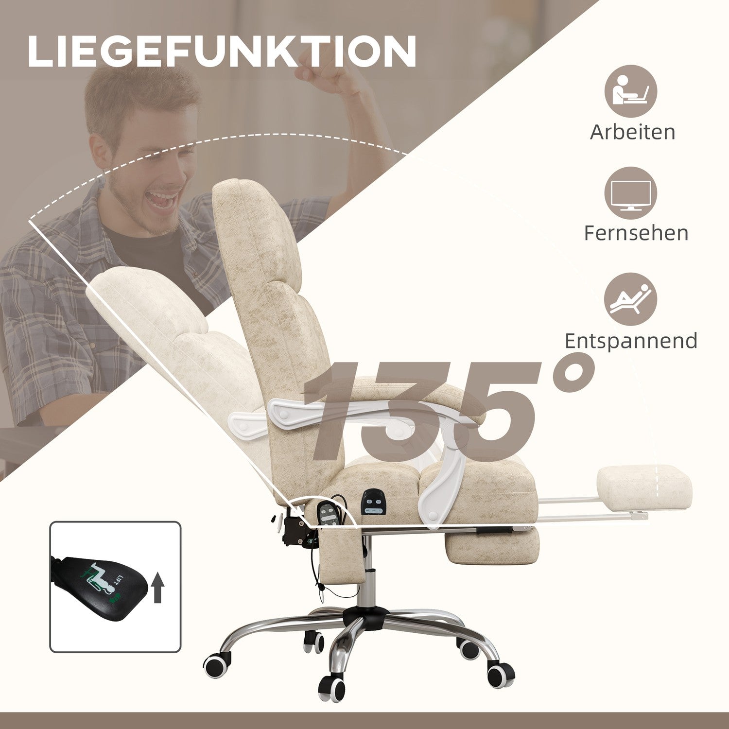 Ergonomisk kontorsstol med massage & värme, justerbar, beige