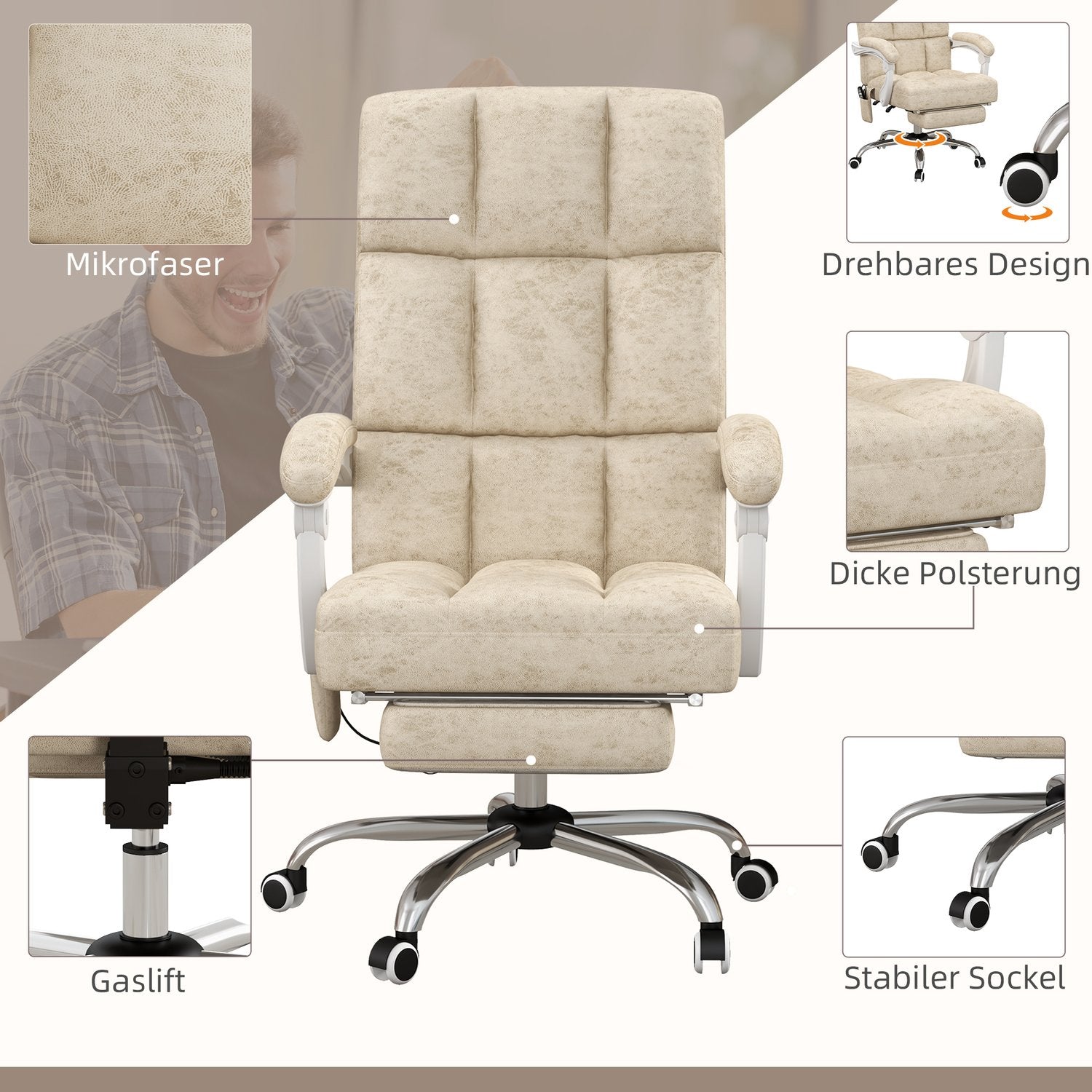 Ergonomisk kontorsstol med massage & värme, justerbar, beige