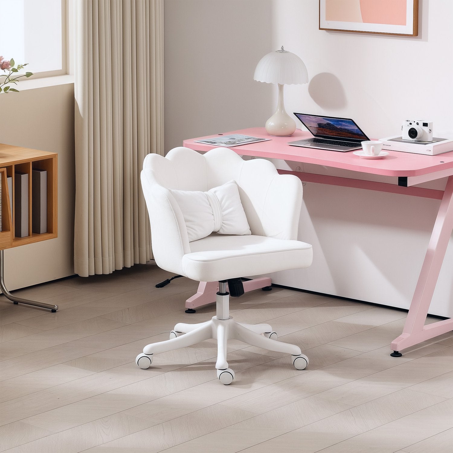 Vit Velvet-Look Swivel Office Stol med armstöd