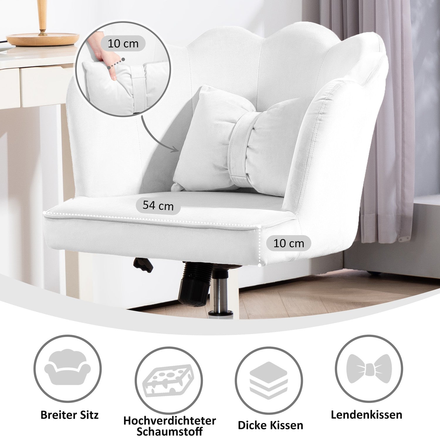 Vit Velvet-Look Swivel Office Stol med armstöd