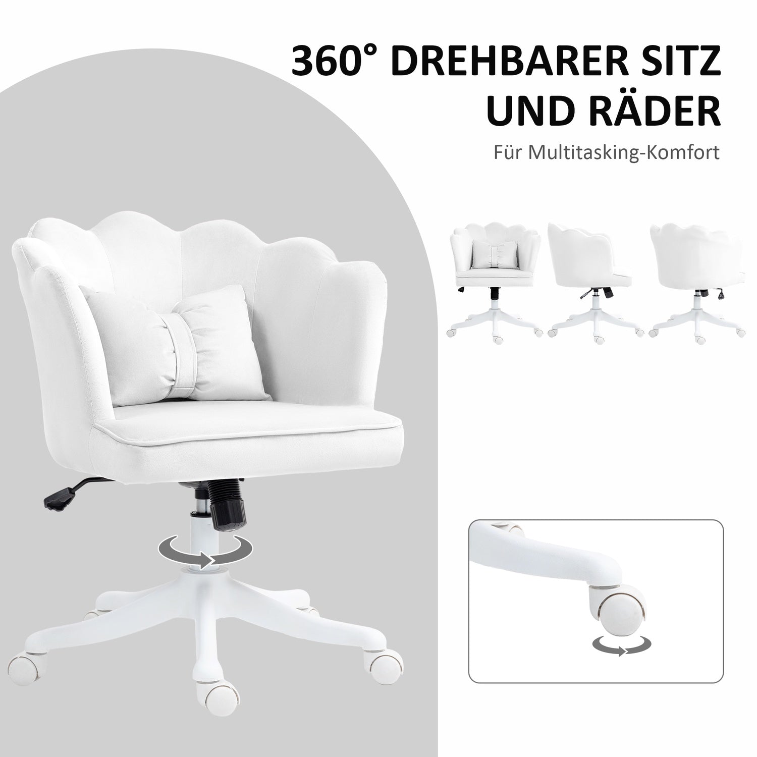 Vit Velvet-Look Swivel Office Stol med armstöd