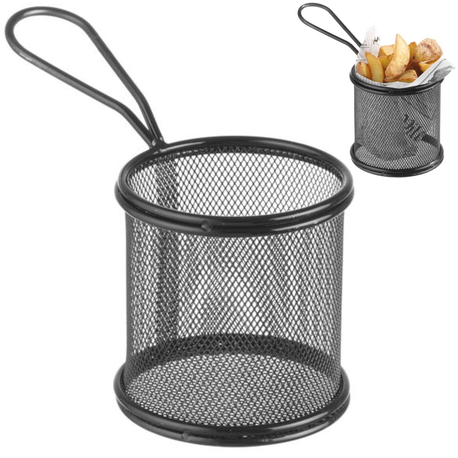 Korg för servering av stekta snacks och pommes frites med handtag, rund, 90x90x90 mm - Hendi 425633