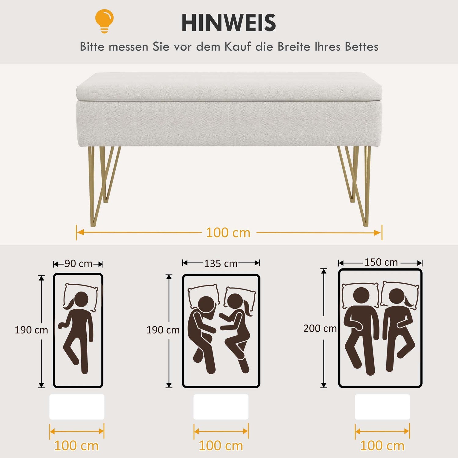Krämklädd förvaringsbänk – Linne, stålben, 100x40x49 cm