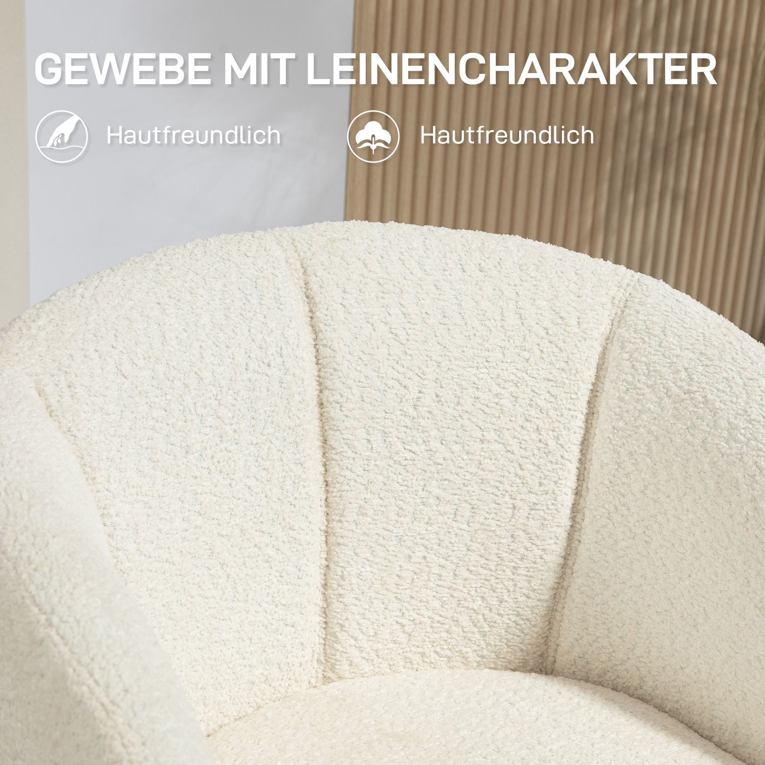 Krämvit fåtölj, 360° vridbar, linnelook, metallben