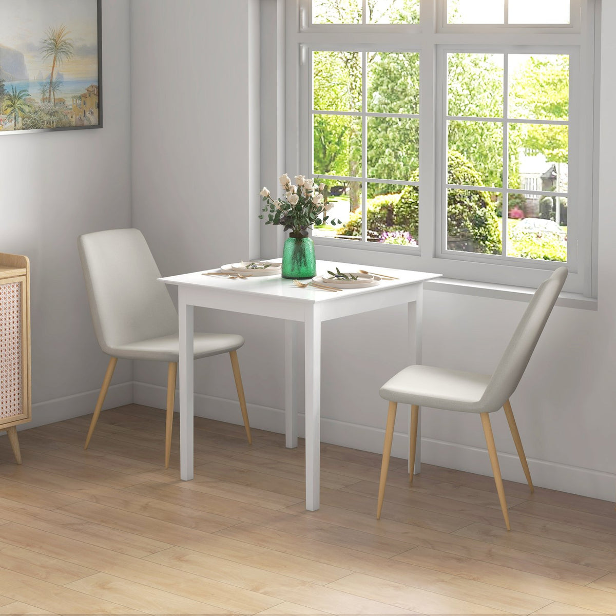 Čtvercový bílý dřevěný jídelní stůl pro 2 osoby, 75x75x76 cm