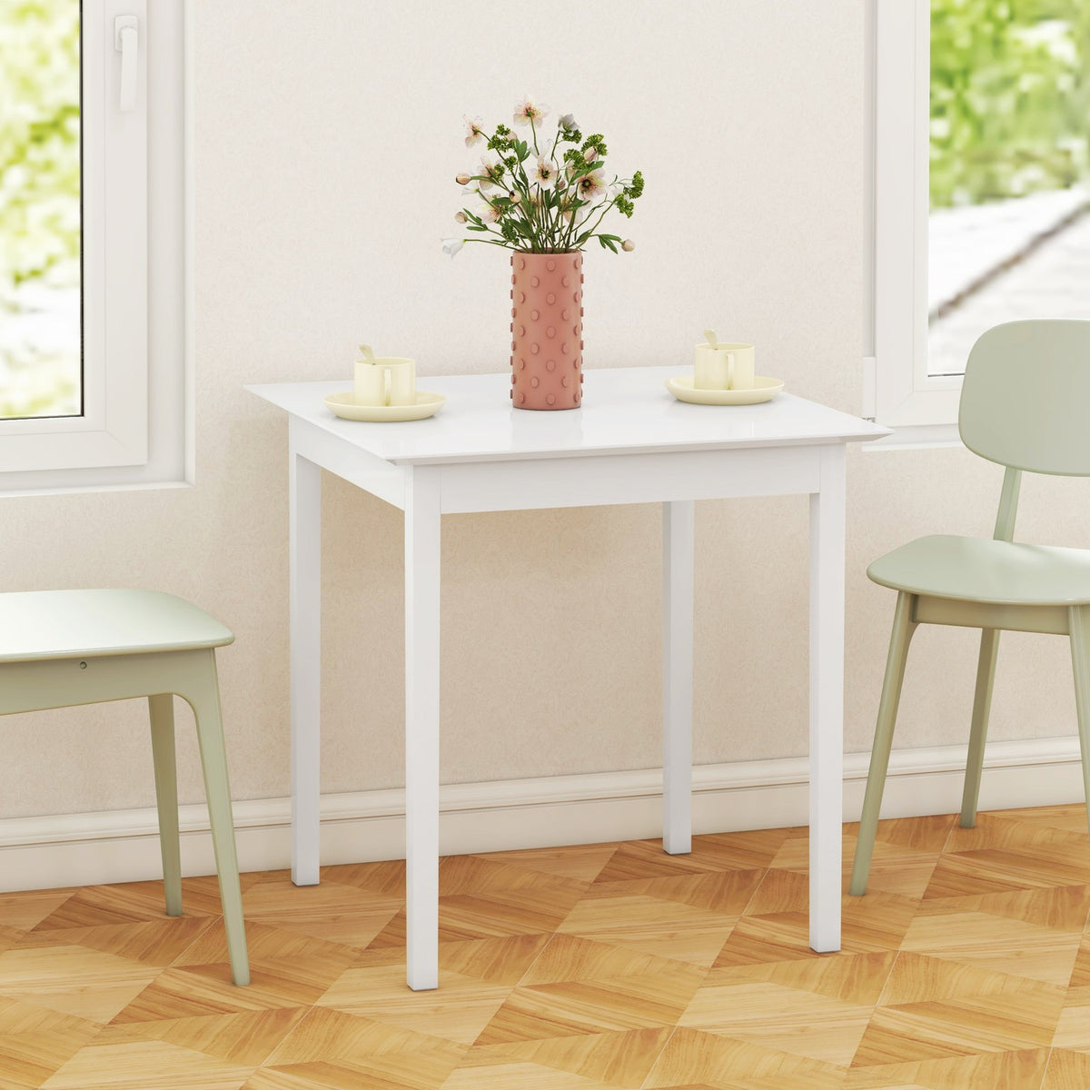 Čtvercový bílý dřevěný jídelní stůl pro 2 osoby, 75x75x76 cm