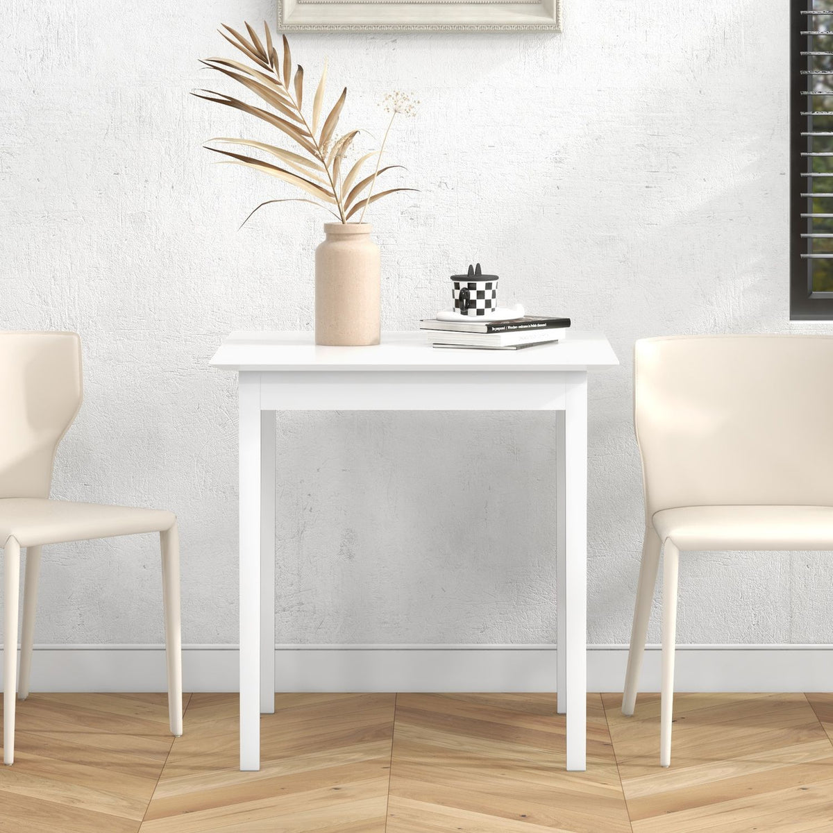 Čtvercový bílý dřevěný jídelní stůl pro 2 osoby, 75x75x76 cm