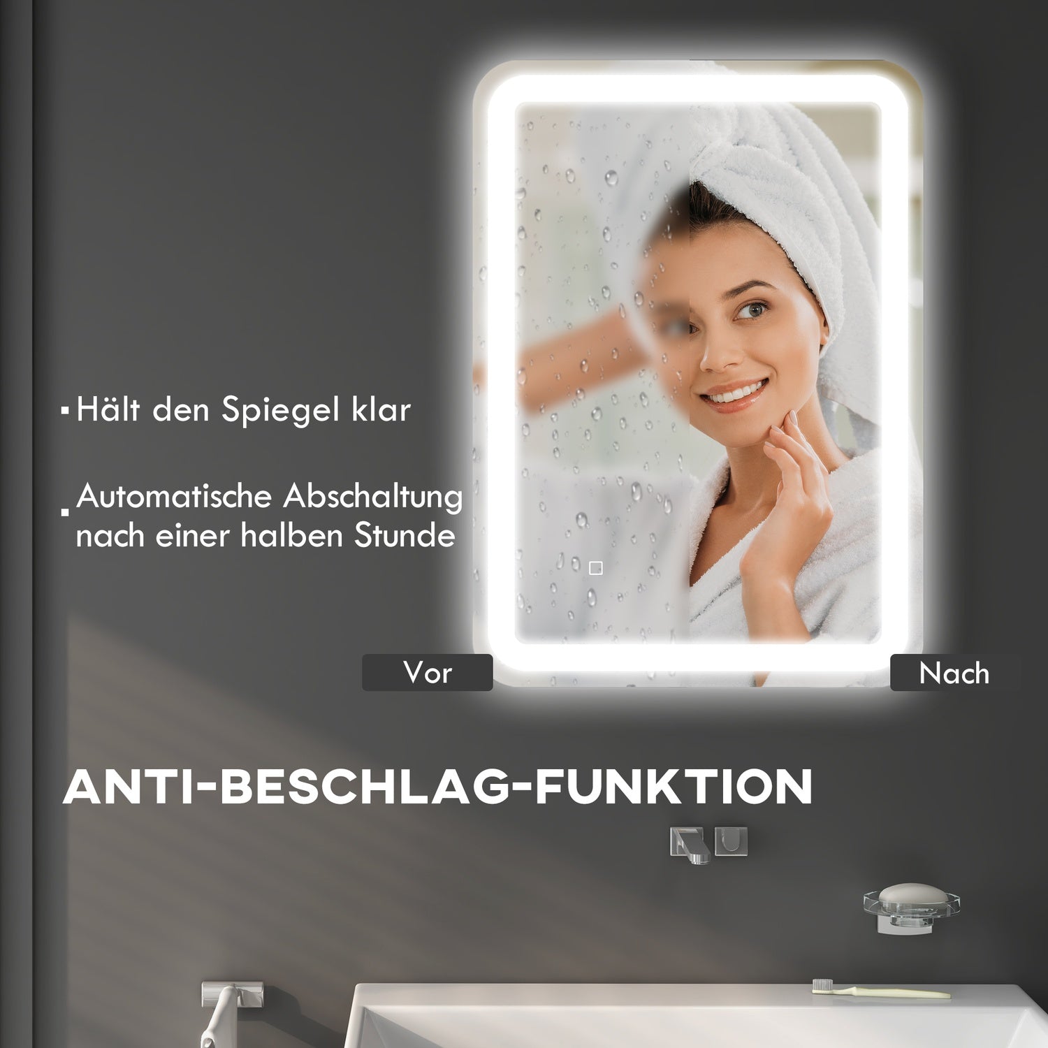 LED Badrumsspegel, 50x70cm, Anti-Imma, Touch Switch