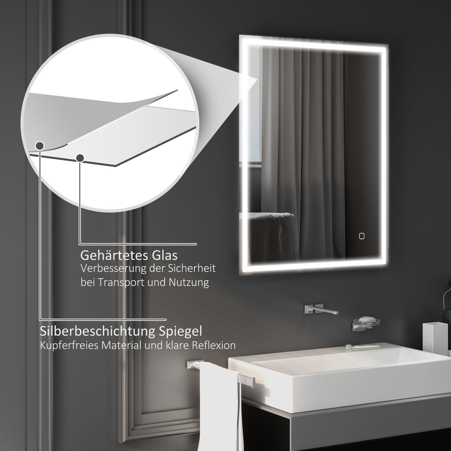 LED Badrumsspegel, 90x70 cm, immafri, Touch Switch