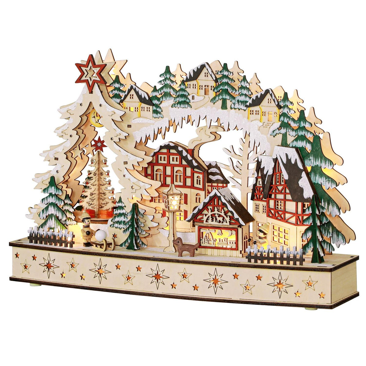 LED-belicht houten kerstdorp – 20 lampjes, 45x12x30 cm