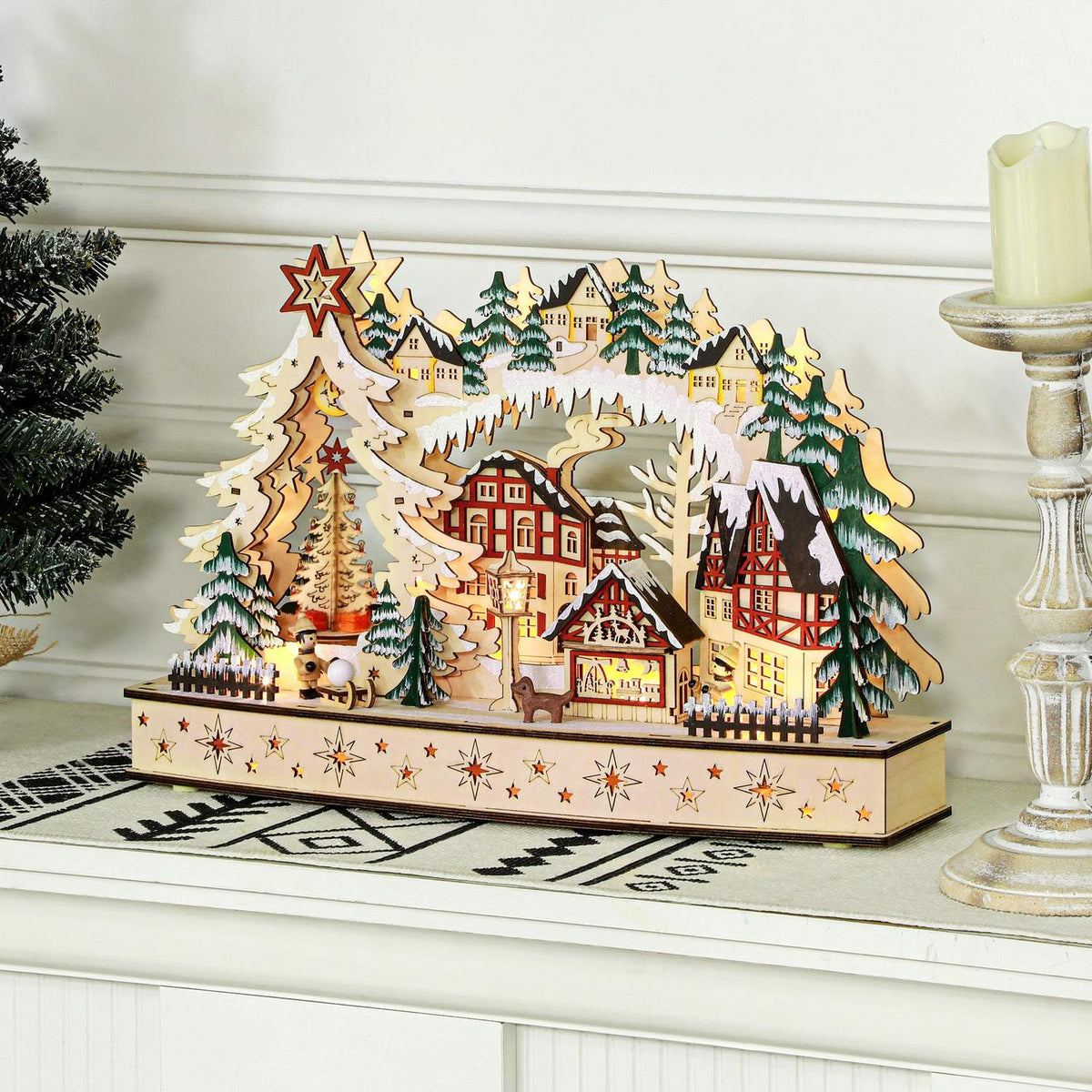 LED-belicht houten kerstdorp – 20 lampjes, 45x12x30 cm