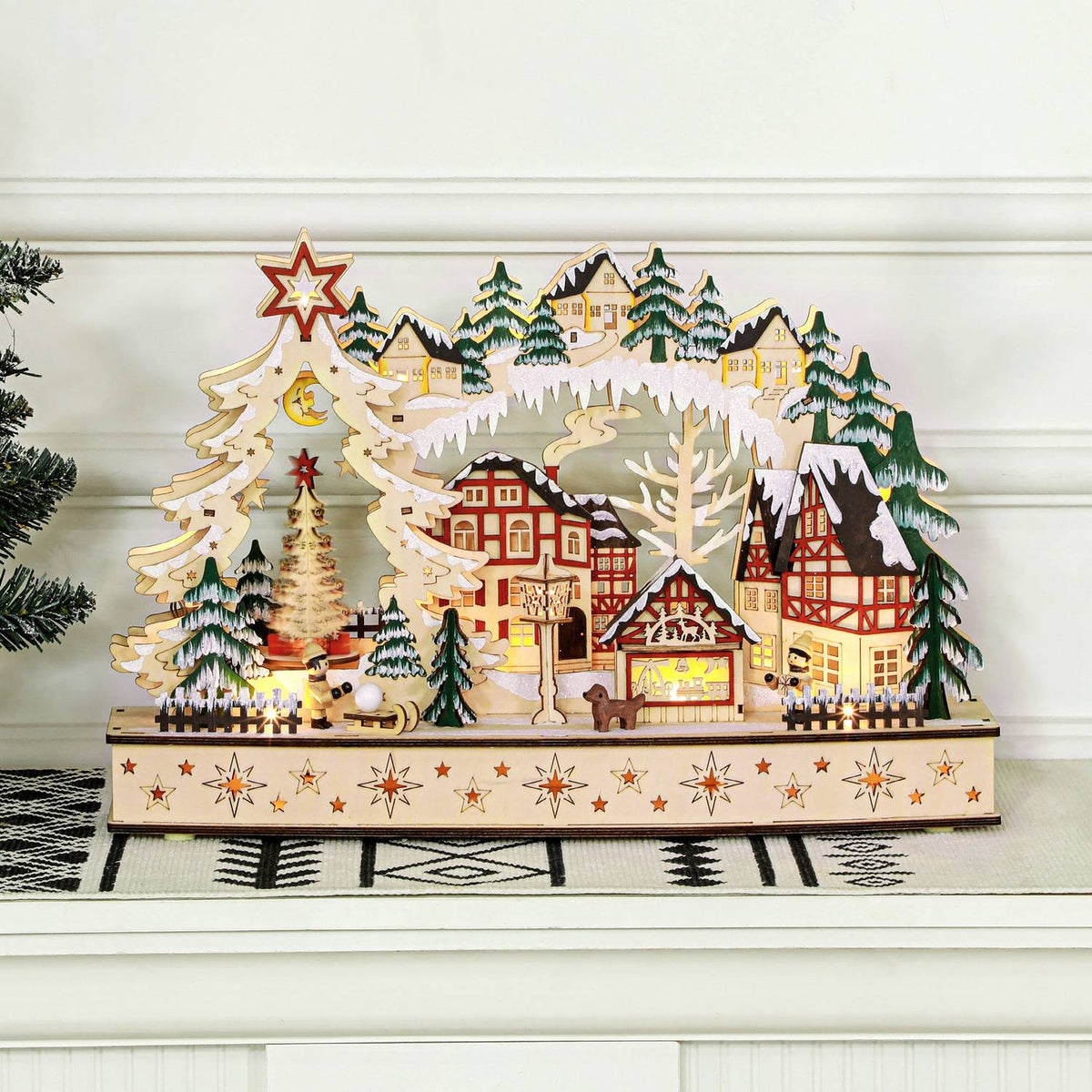 LED-belicht houten kerstdorp – 20 lampjes, 45x12x30 cm