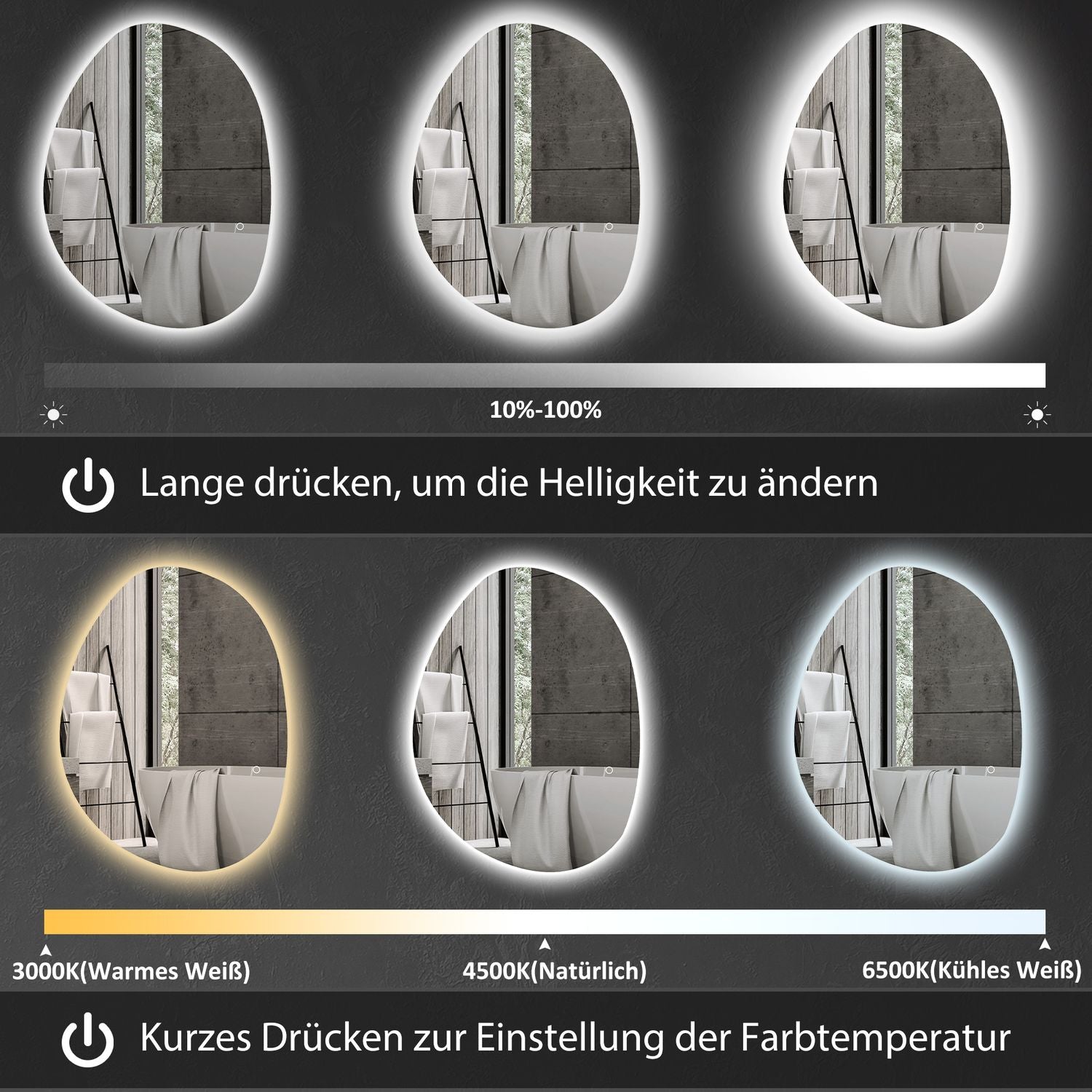 LED badrumsspegel med ljus, anti-dimma, pekbrytare