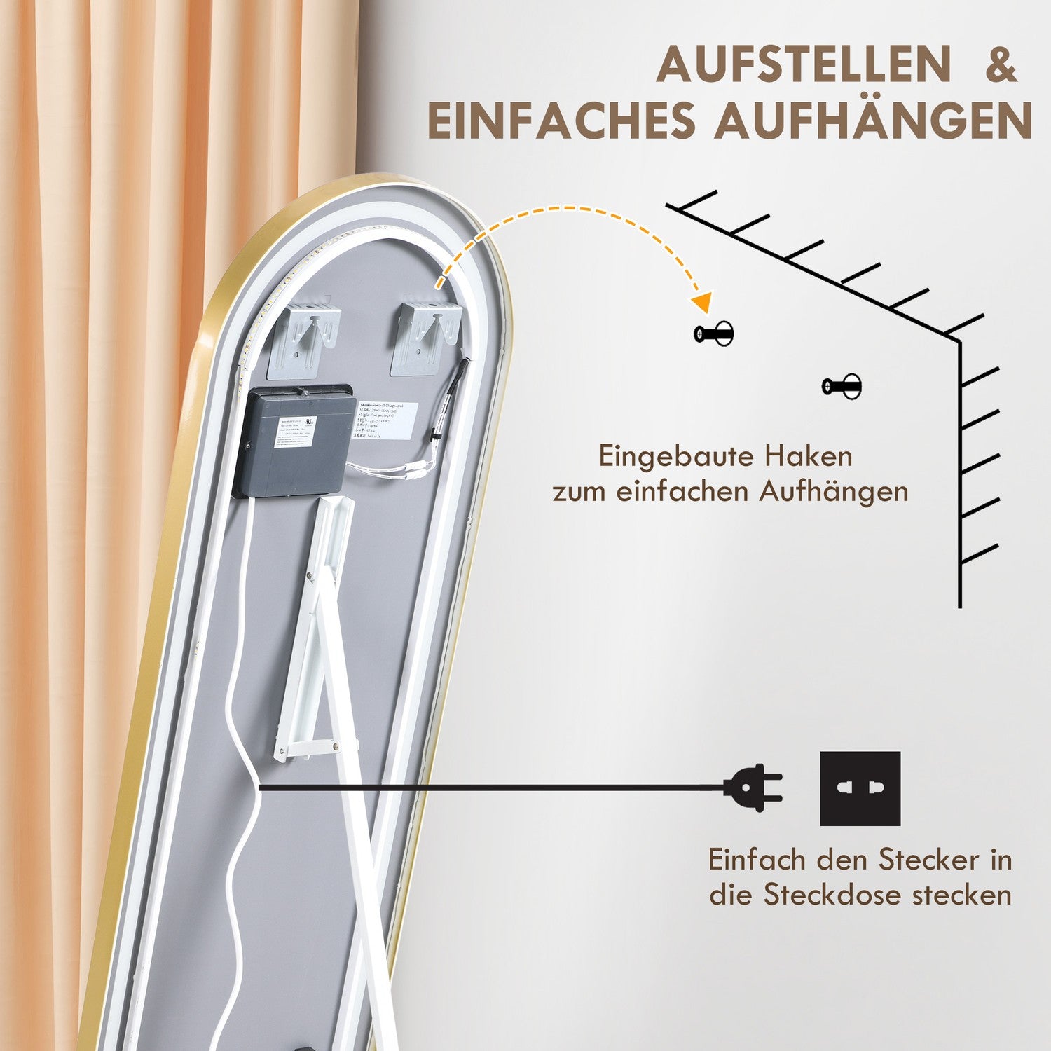 LED-spegel i full längd, dimbar garderobsspegel, Touch Switch, guld