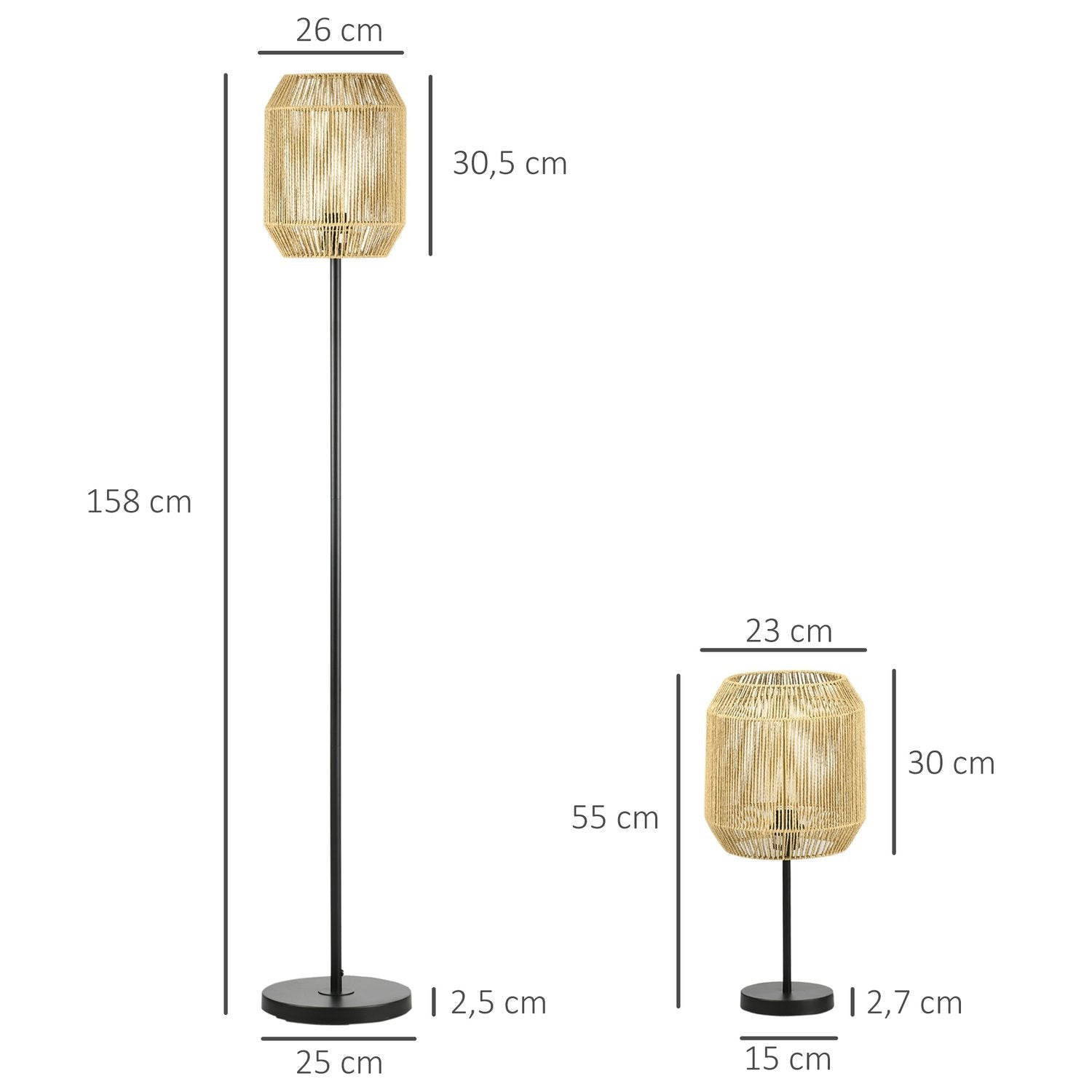 Lampsats Om 2 Med Golv- Och Bordslampa, E27 Bas, Linne Lampskärm, För Vardagsrum, Natur